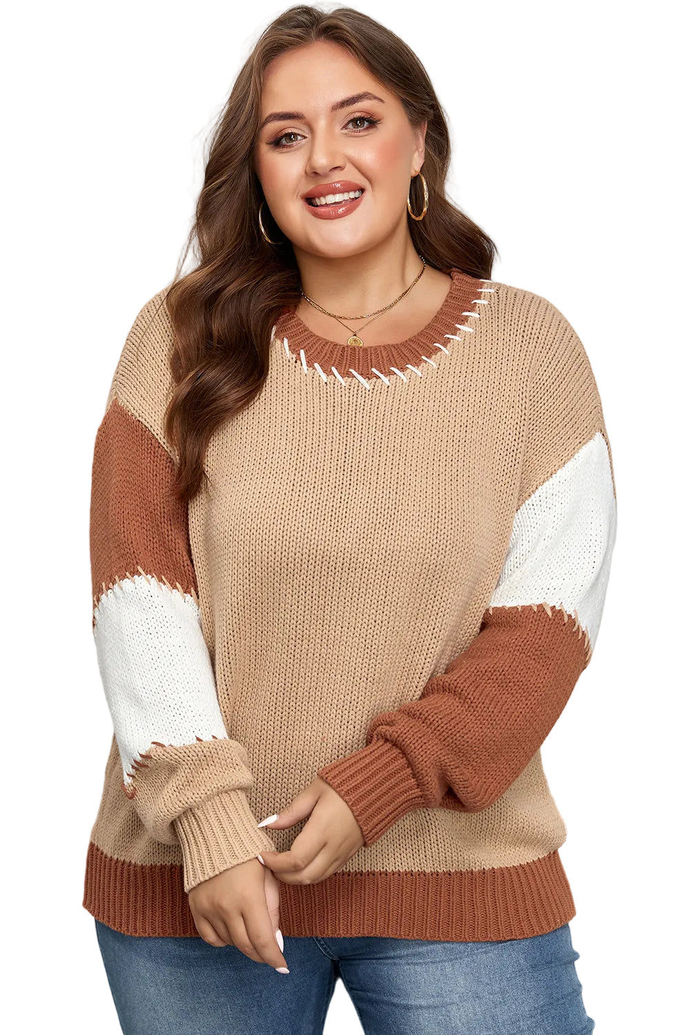 Plus Size Colorblock Knit Contrast Stitch Crewneck Sweater