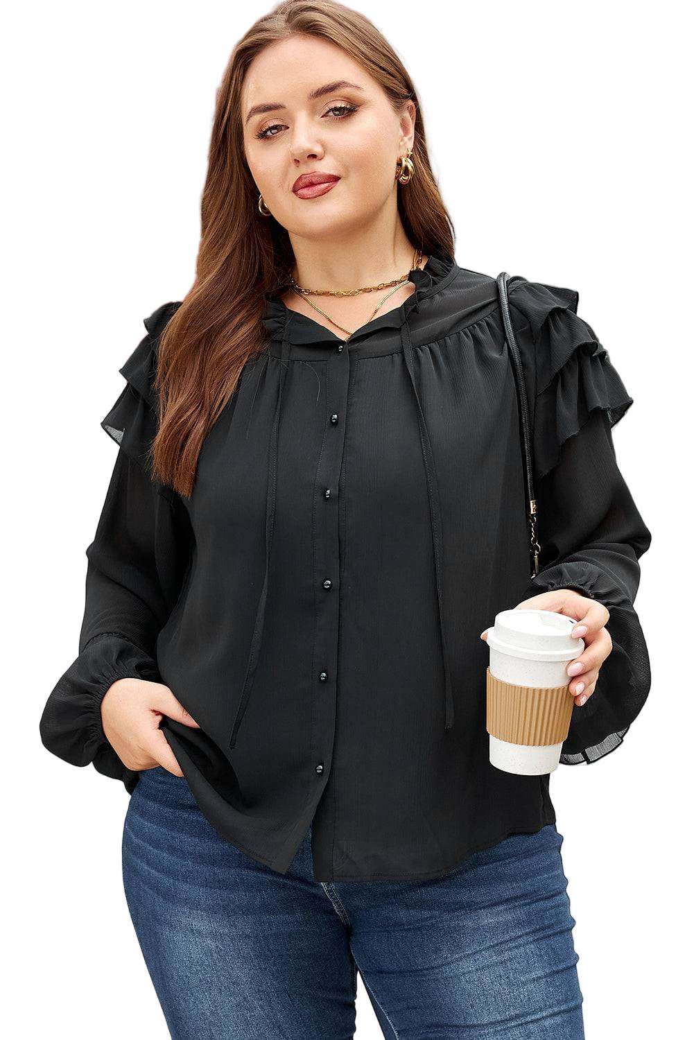 Black Ruffle Balloon Sleeve Chiffon Elegant Plus Size Shirt