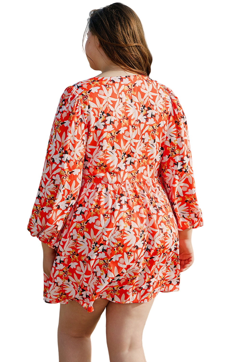Orange Floral Print Split V Neck Bubble Sleeve Plus Size Midi Dress