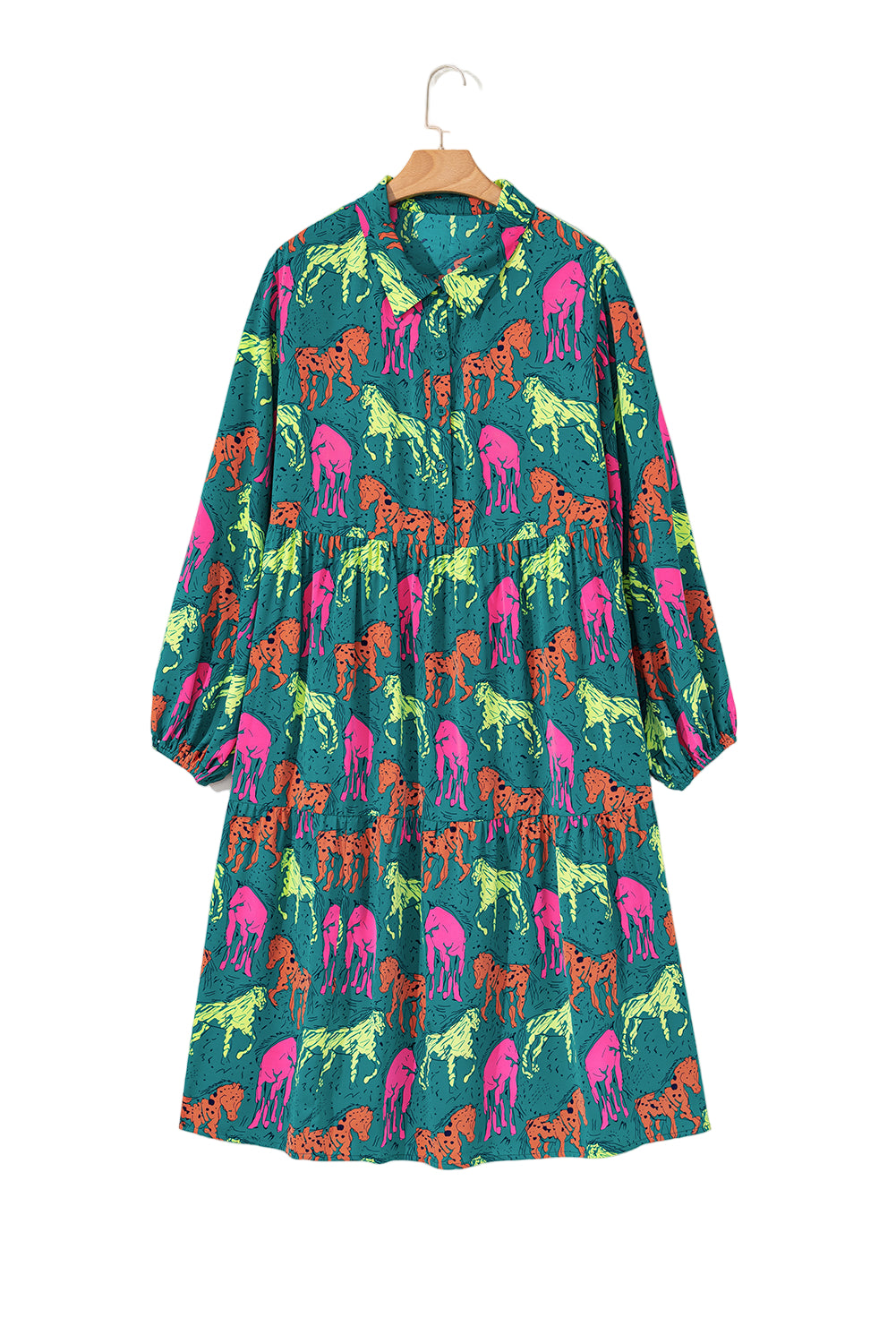 Green Horse Printed Long Sleeve Collared Buttoned Plus Size Midi Dress
