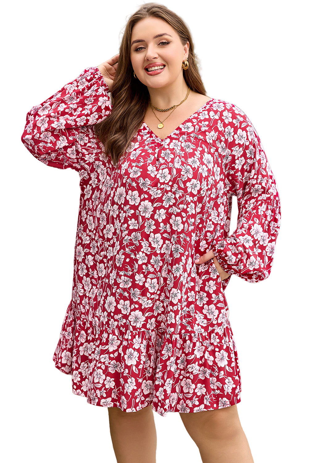 Purple Plus Floral Balloon Sleeve V Neck Relaxed Dress