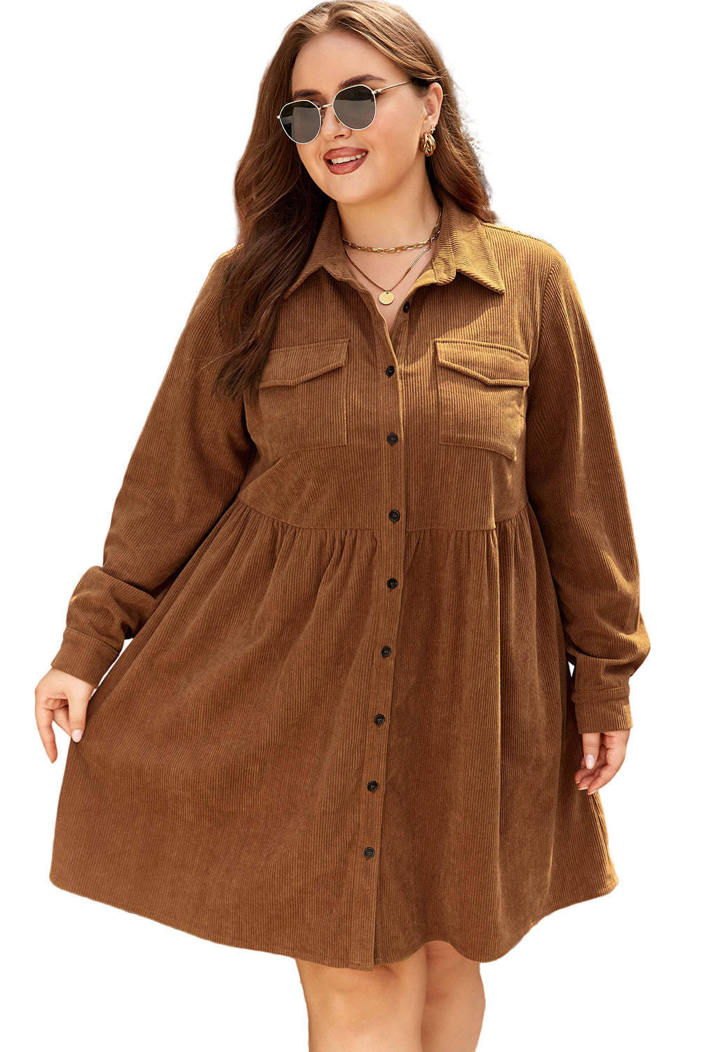 Camel Corduroy Full Buttoned Collared Shirt Style Plus Size Dress