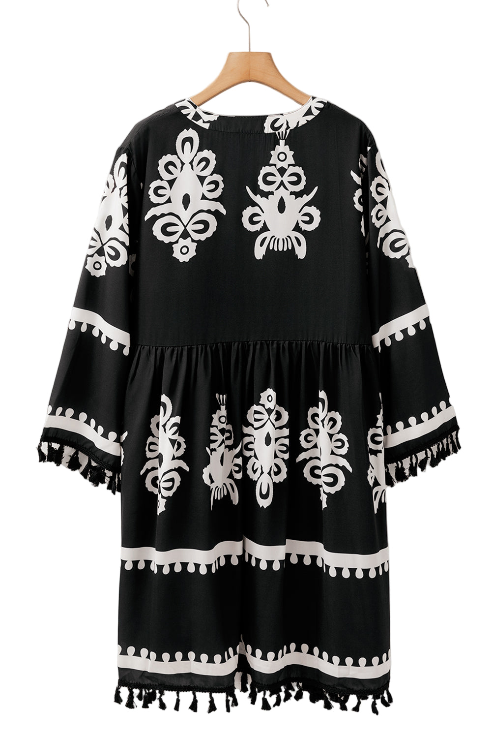 Black Plus Size Western Floral Print Fringed V Neck Dress
