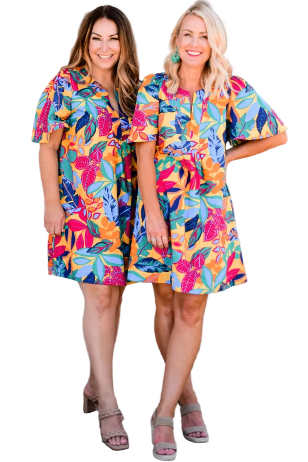 Multicolour Plus Size Leafy Print Split Neck Short Sleeve Shift Dress