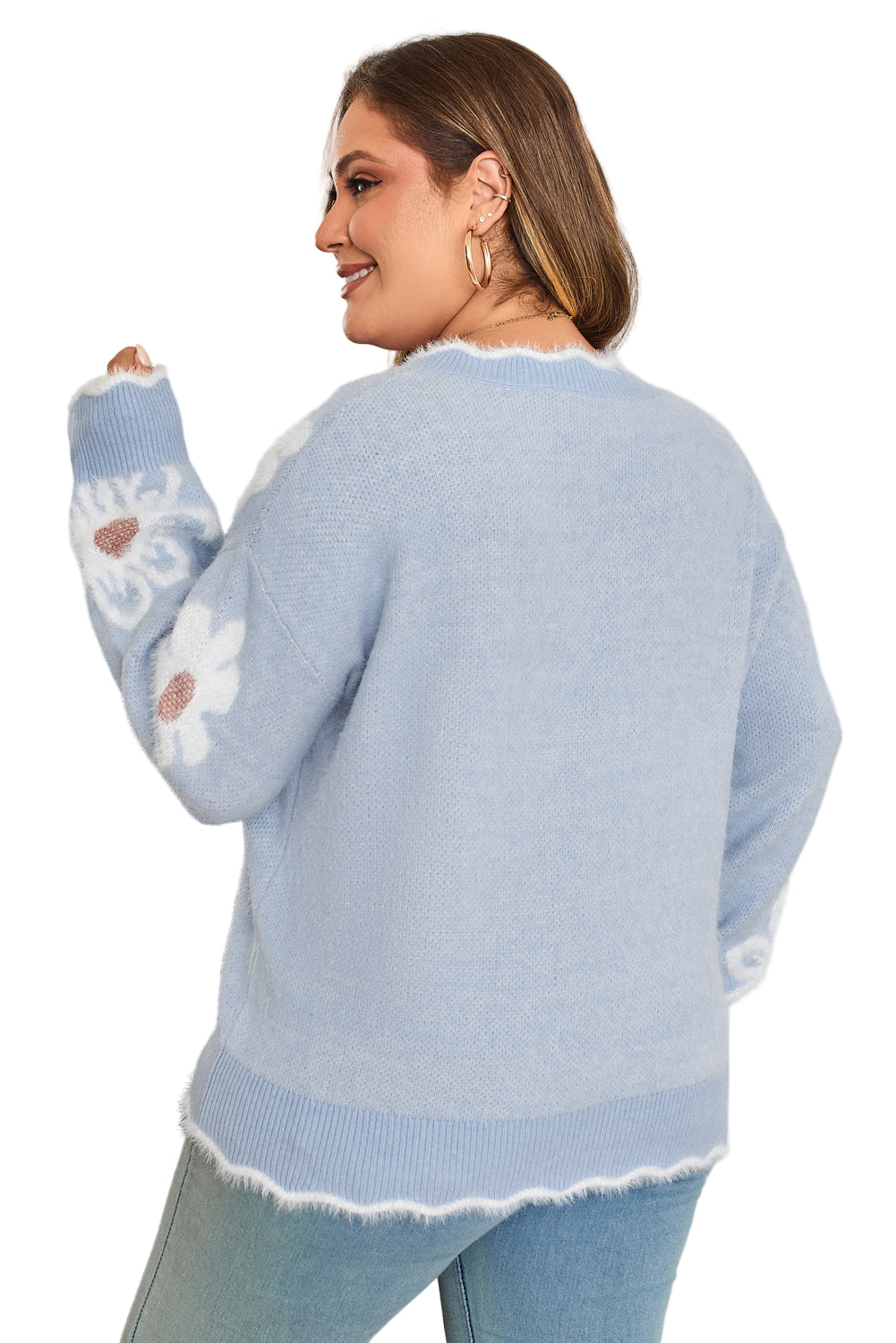 Gray Fuzzy Flower Scalloped V Neck Plus Sweater