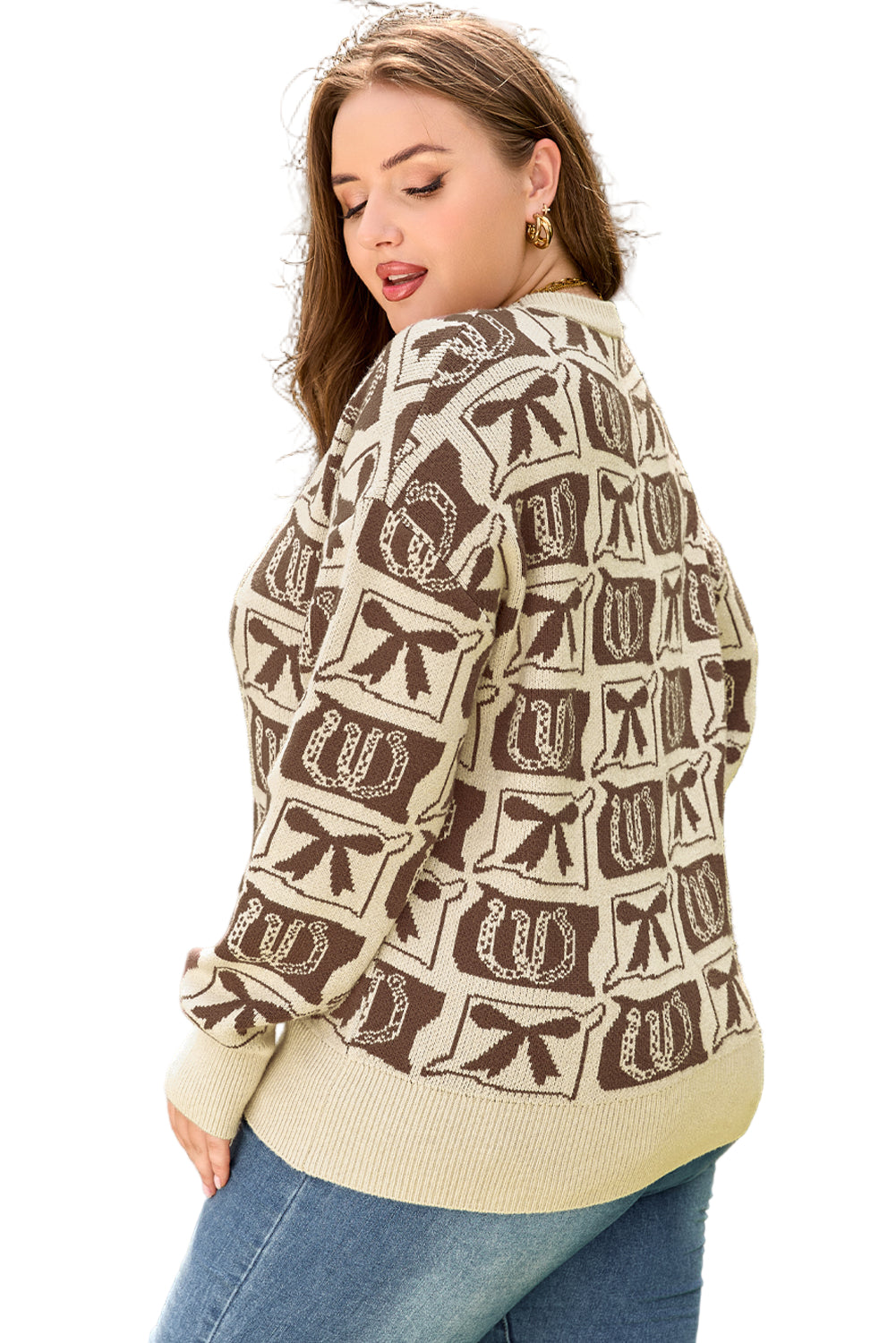 Brown Bow Horseshoe Print Checkered Plus Size Sweater