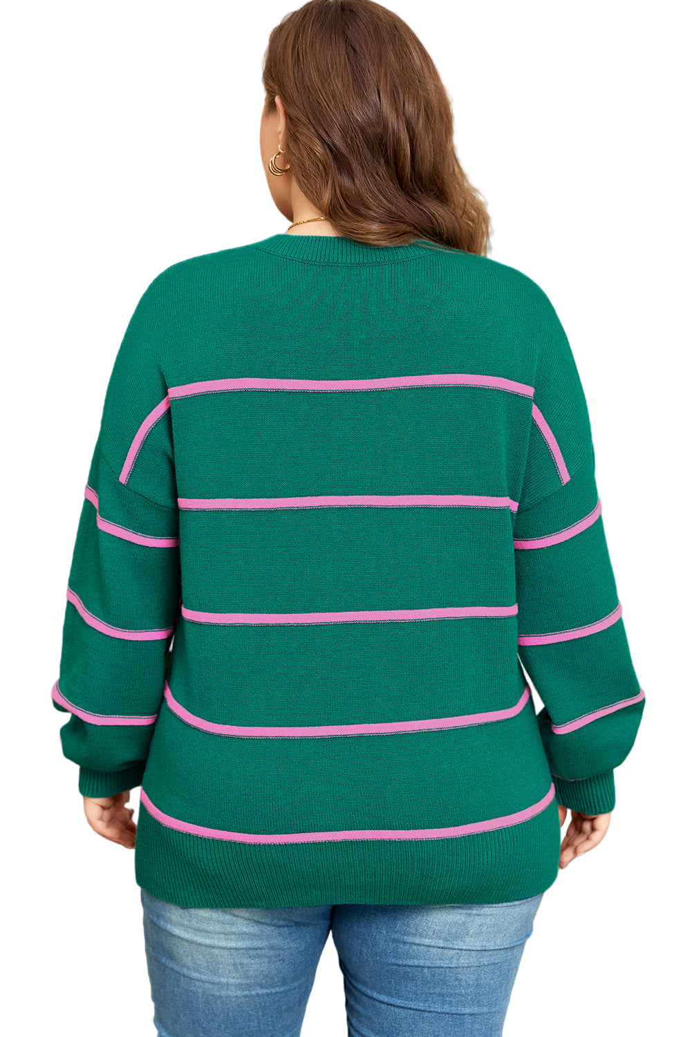 Green Stripe Half Buttons Drop Shoulder Plus Size Sweater