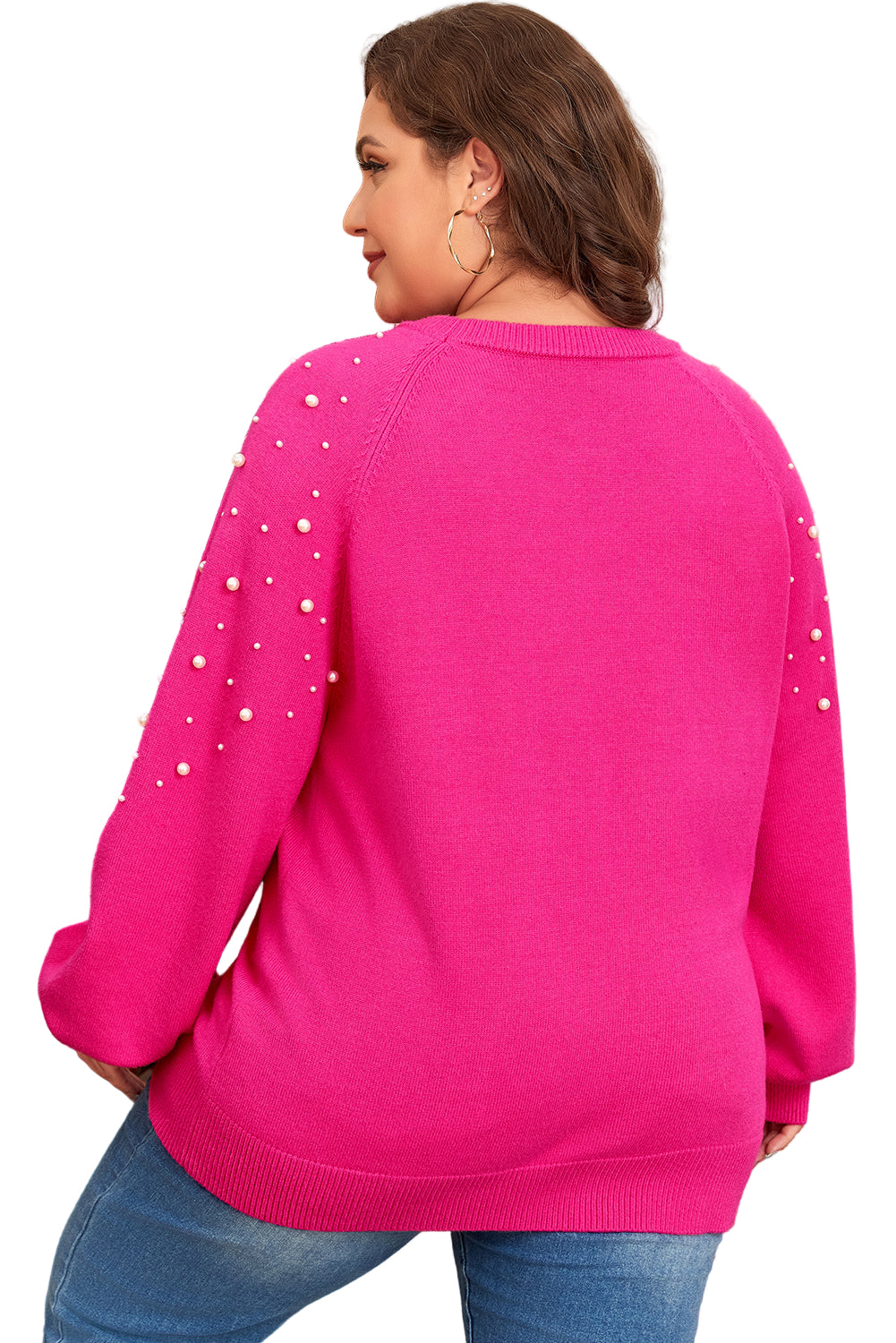 Strawberry Pink Pearled Decor Raglan Sleeve Plus Size Sweater