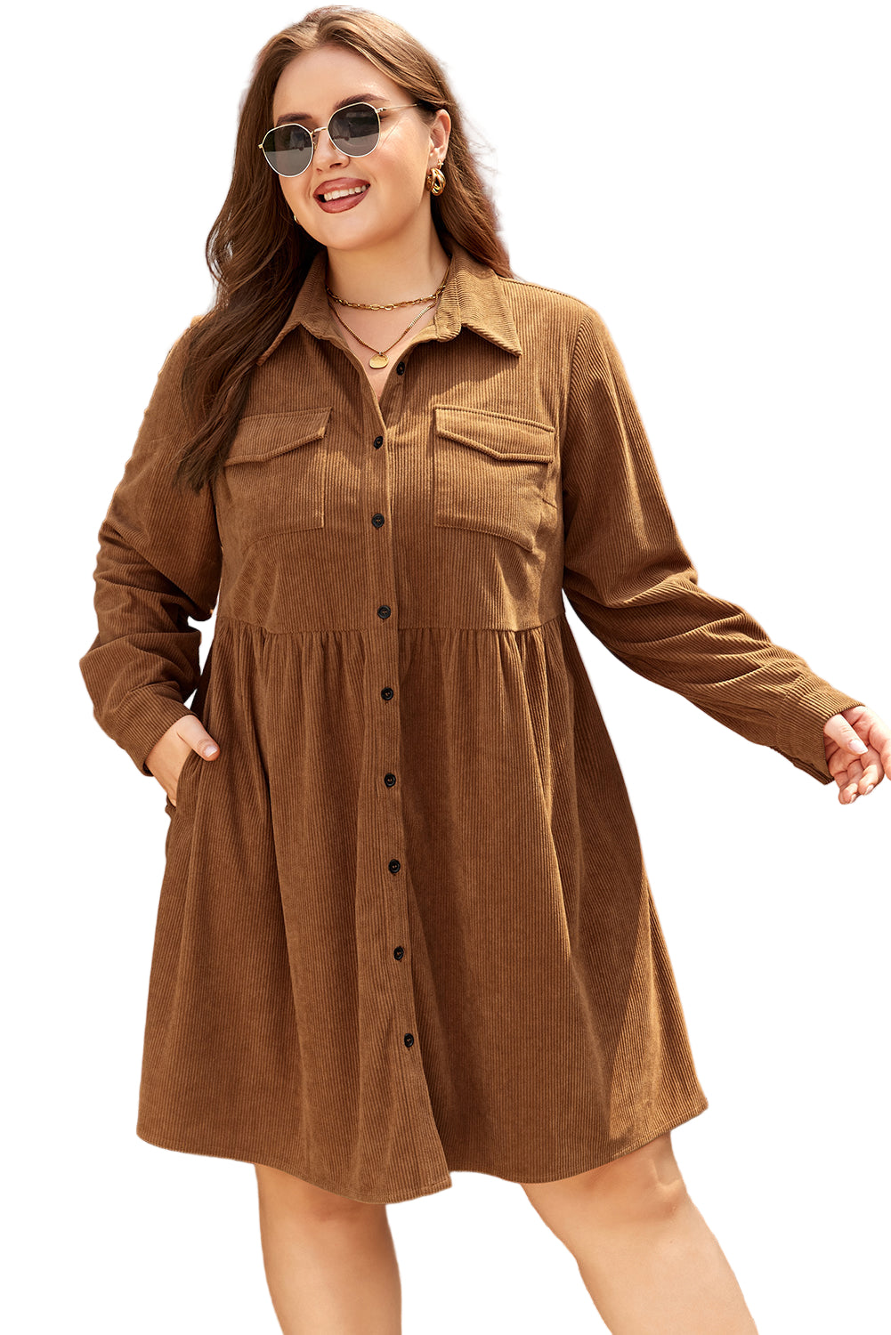 Camel Corduroy Full Buttoned Collared Shirt Style Plus Size Dress