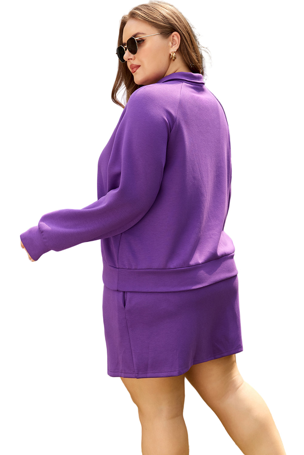 Wisteria Collar Half Zip Pullover Mini Skirt Plus Size 2pcs Set