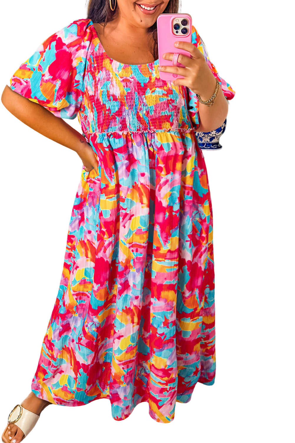 Rose Abstract Printed Puff Sleeve Square Neck Smocked Bust Tied Back Plus Size Dress
