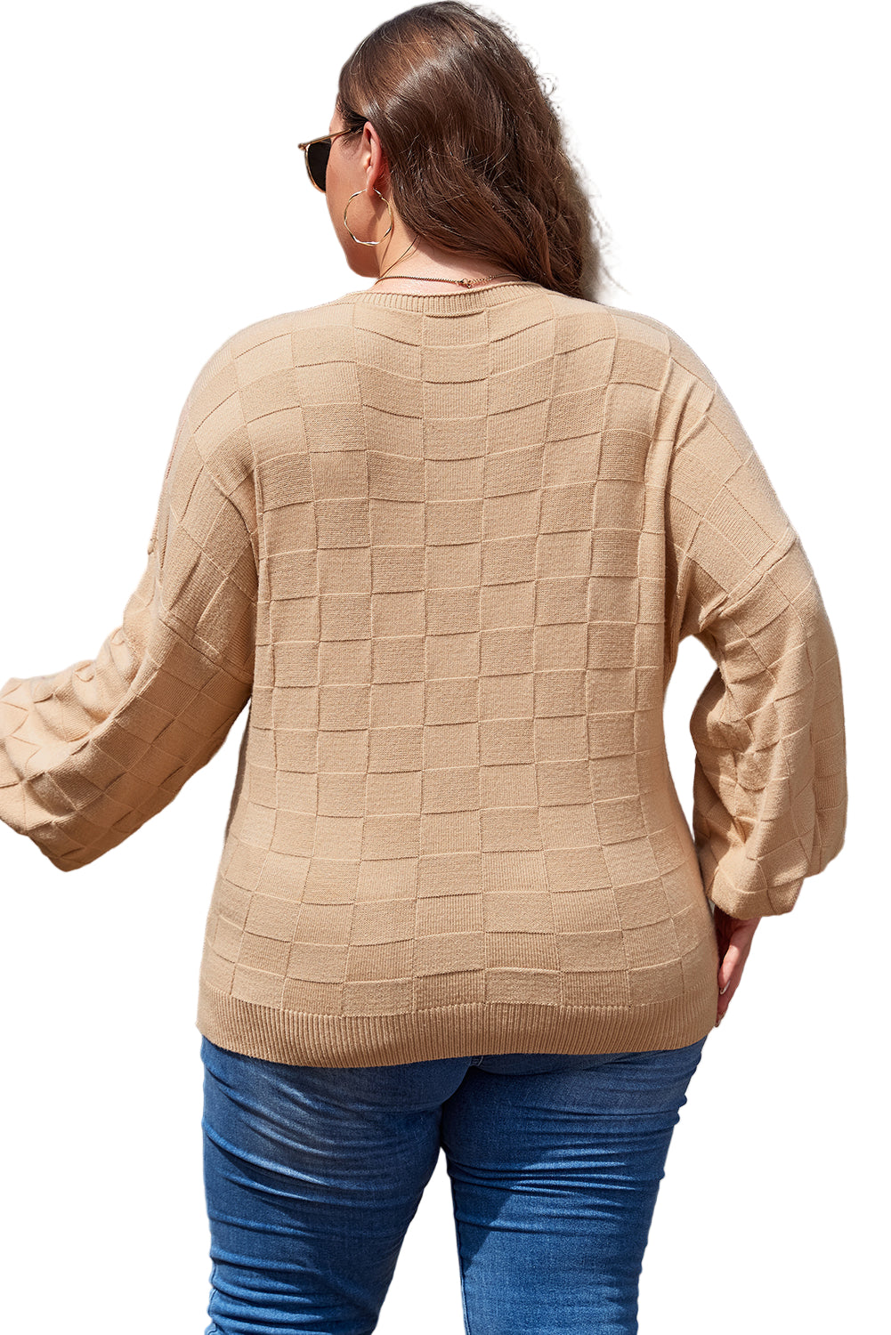 Rose Tan Solid Checkered Textured Knit Plus Size Sweater