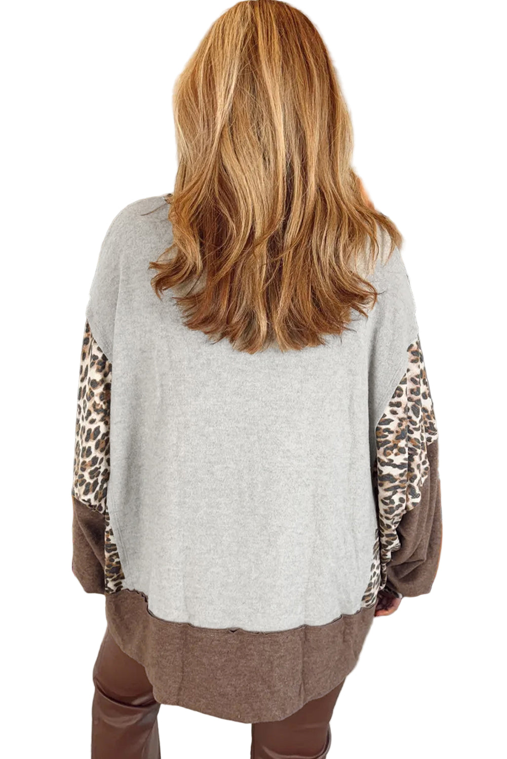 Gray Plus Size Leopard Color Block Patchwork Dolman Sweatshirt