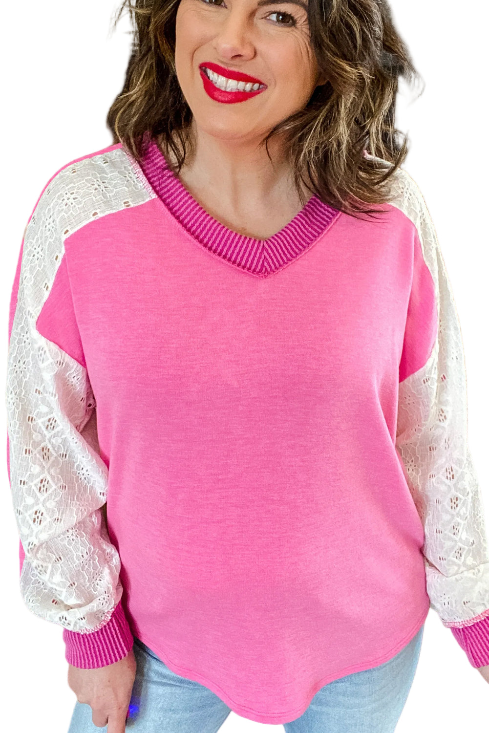 Bonbon Lace Patchwork Corded Trim Plus Size Long Sleeve Top