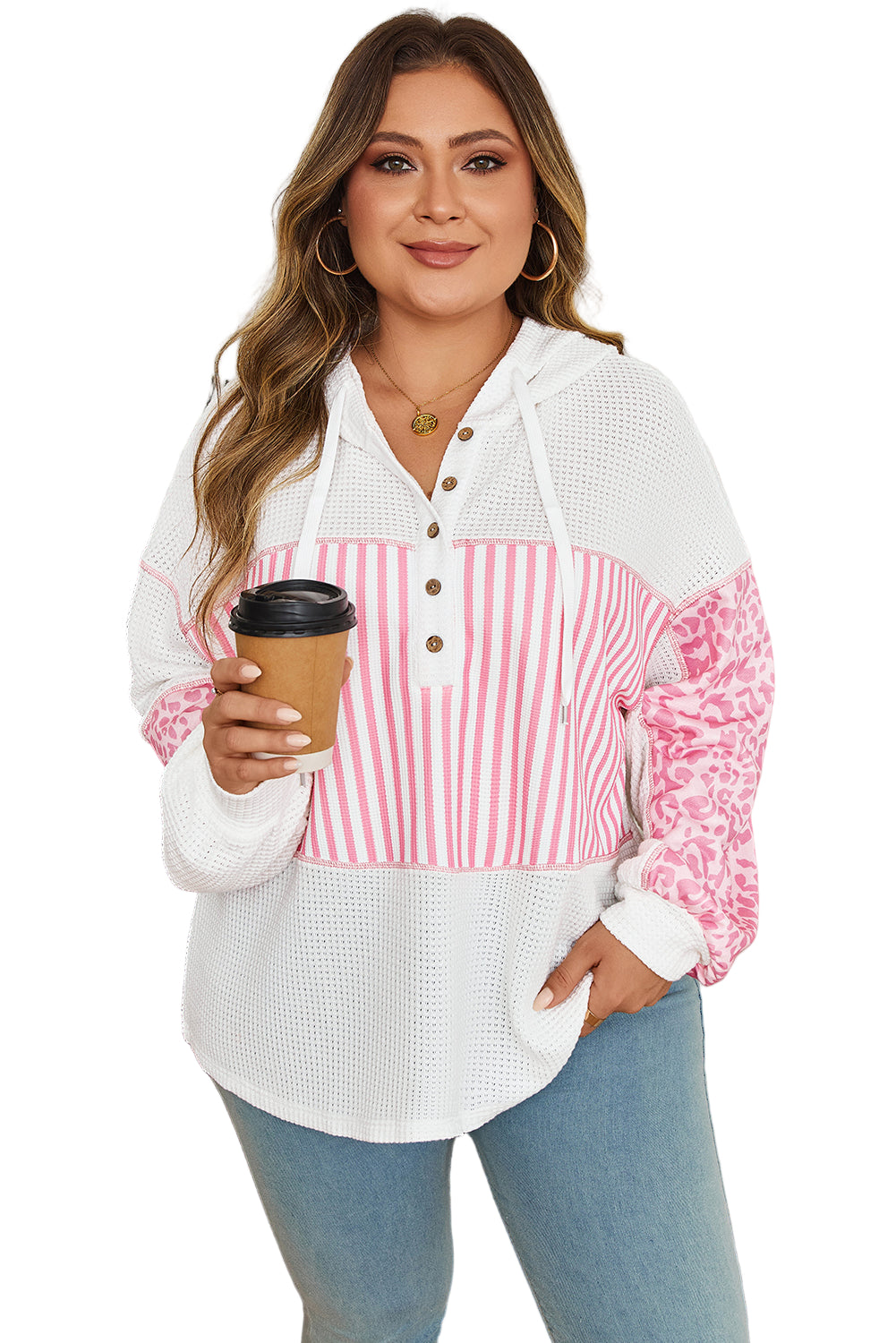 Pink Stripe Leopard Patchwork Waffle Knit Buttoned Plus Size Hoodie