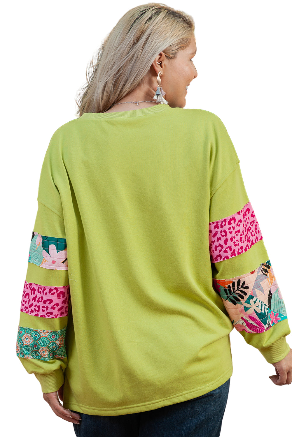 Green Plus Size Printed Patchwork Sleeve Split Sweatshirt