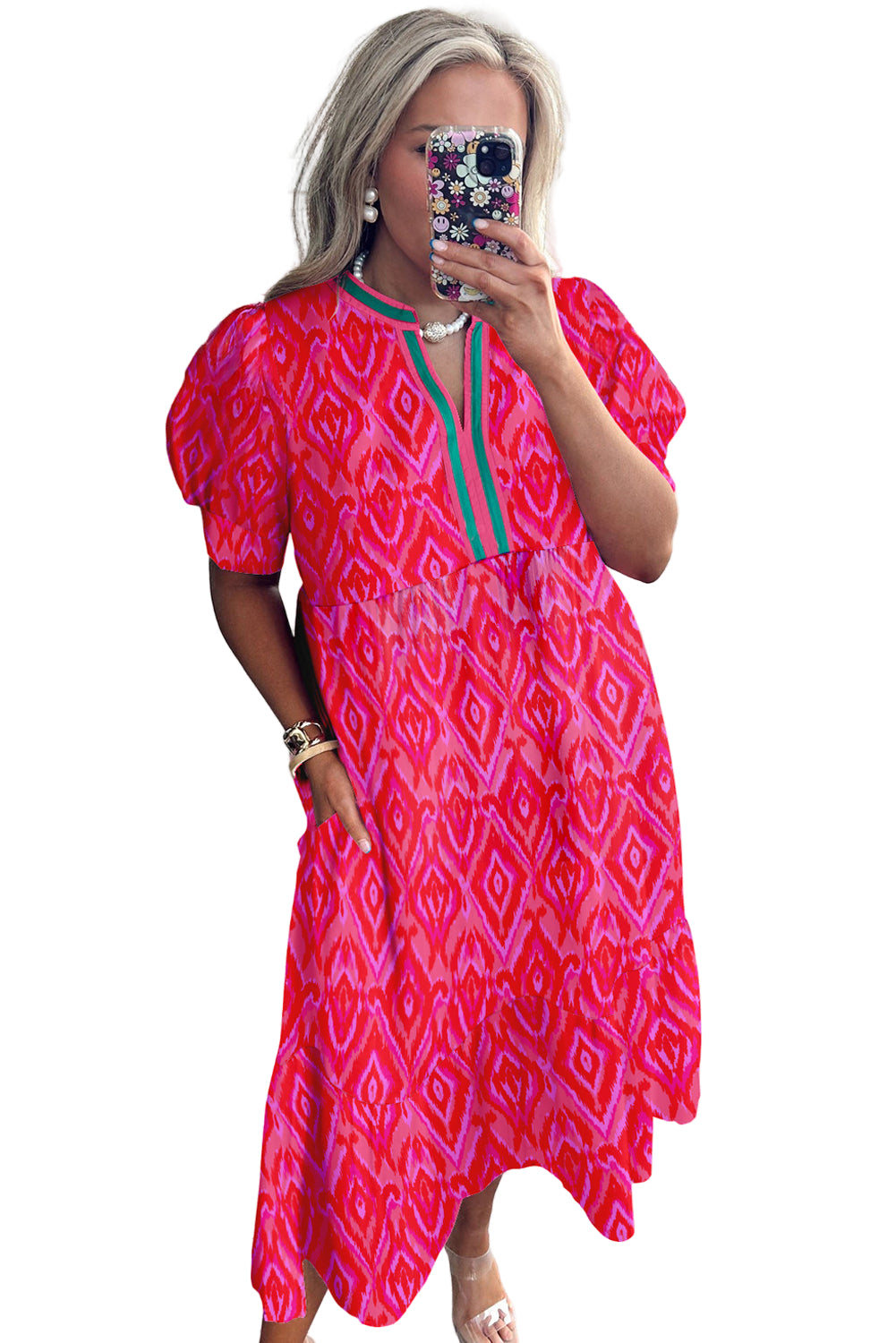 White Allover Print Contrast Split Neckline Short Puff Sleeve Curvy Dress