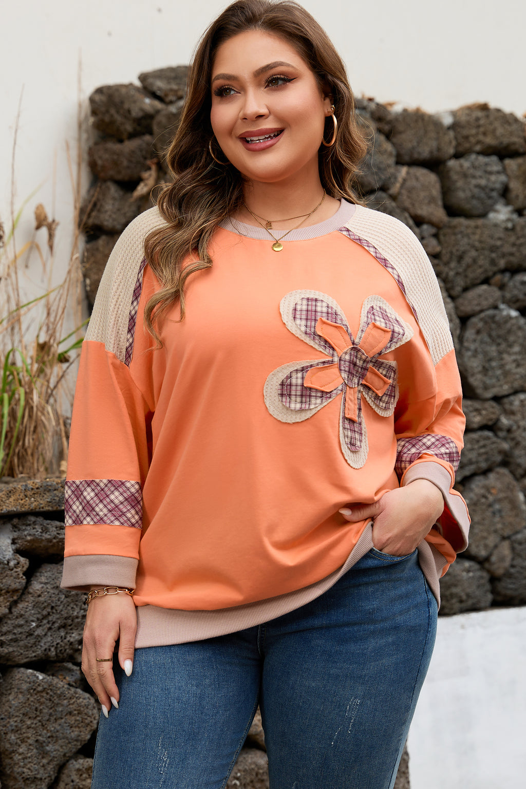 Grapefruit Orange Plaid Flower Waffle Patched Plus Size 3/4 Sleeve Top