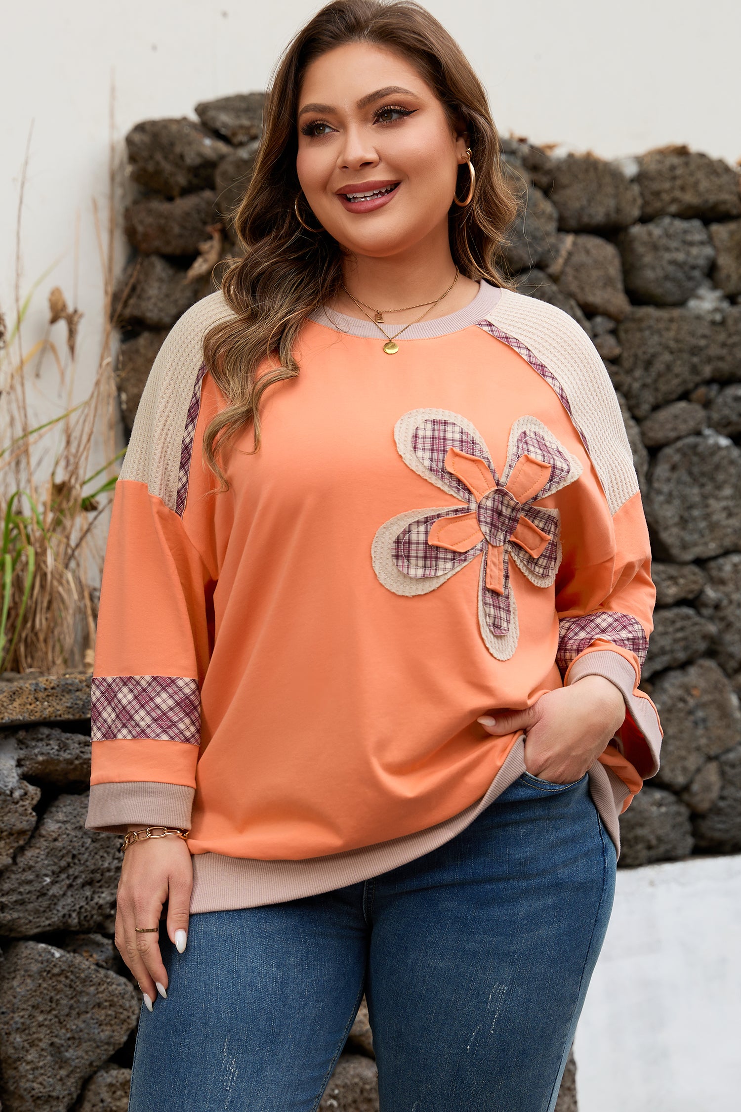 Grapefruit Orange Plaid Flower Waffle Patched Plus Size 3/4 Sleeve Top