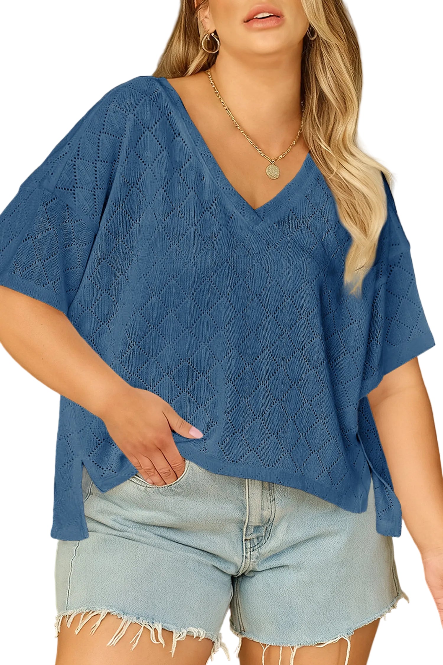 Light Pink Pointelle Rhombus Knit Plus Size V Neck Loose Top