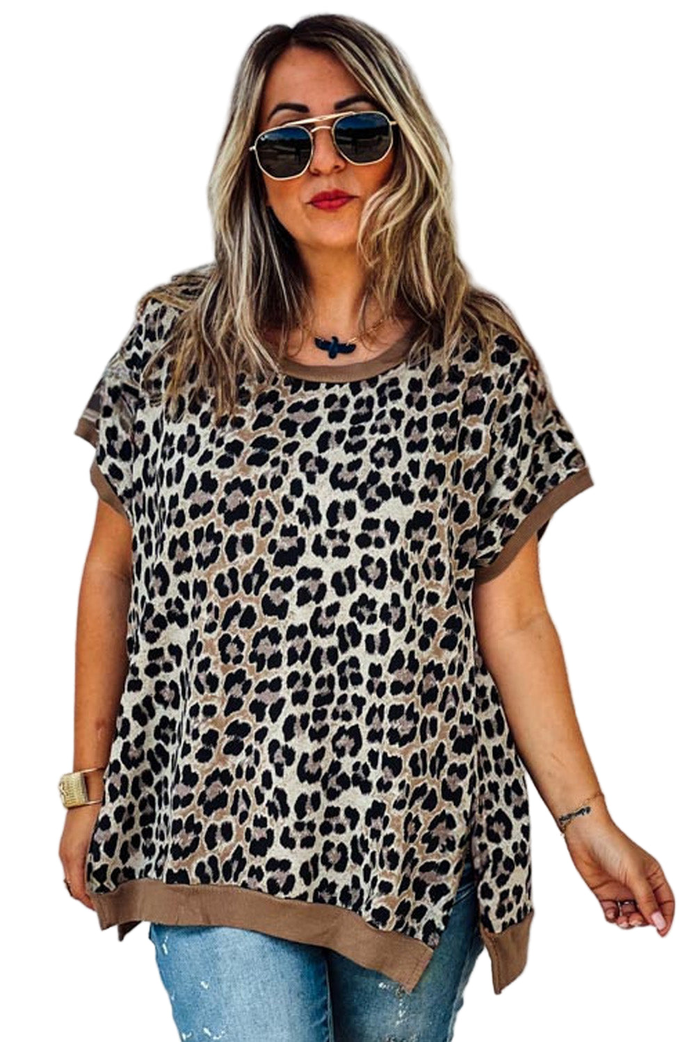 Khaki Leopard Contrast Trim Short Sleeve Loose Plus Size Top