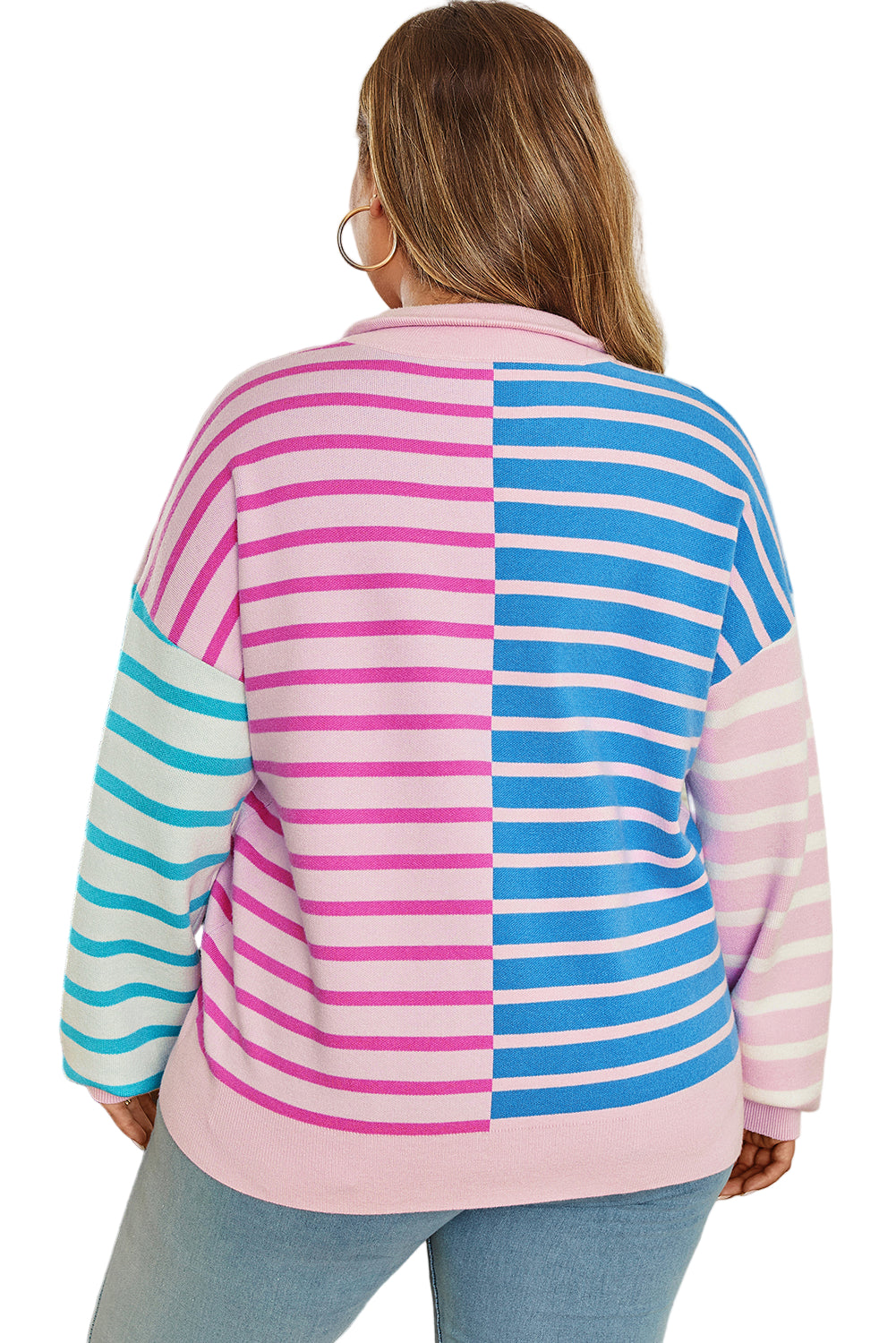 Sky Blue Stripe Colorblock Patchwork Plus Size Half Zip Sweater