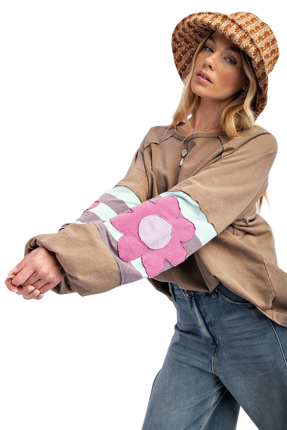 Light French Beige Flower Striped Patchwork Puff Sleeve Loose Sweatshirt