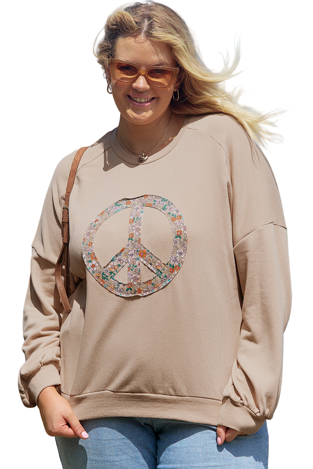 Pale Khaki Floral Peace Sign Graphic Washed Terry Plus Size Sweatshirt