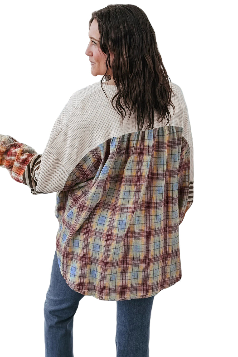 Parchment Plus Size Waffle Striped Plaid Patchwork Henley Pullover