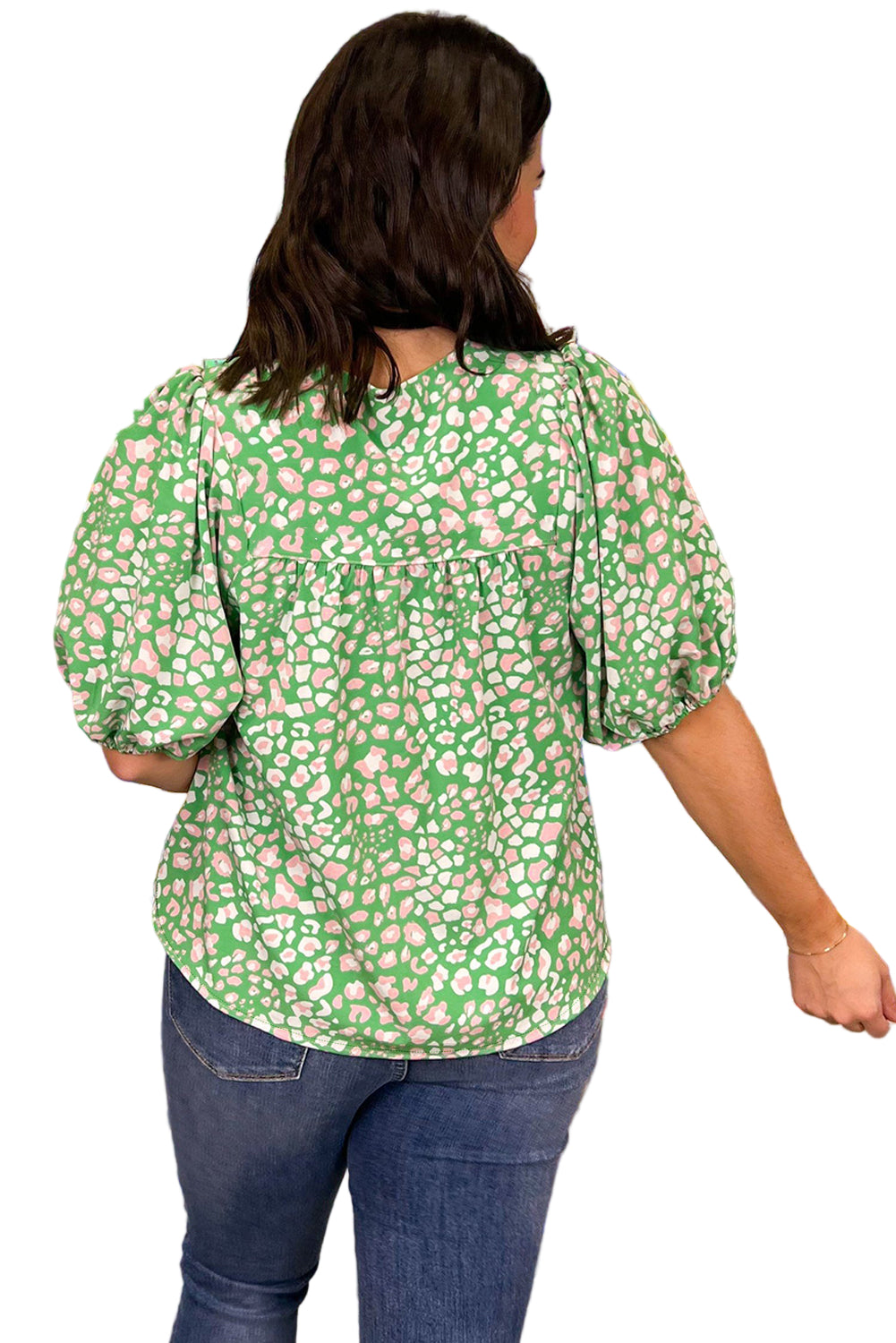 Green Plus Size Leopard Tassel Tie Split Neck Puff Sleeve Blouse