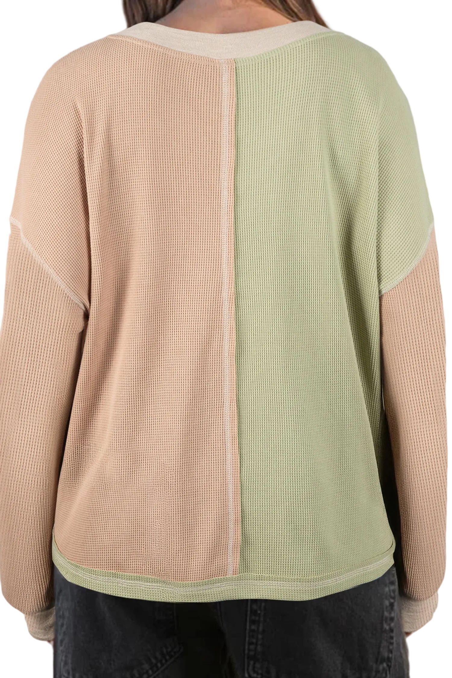 Green Plus Mixed Texture Color Block Patchwork V Neck Long Sleeve Top