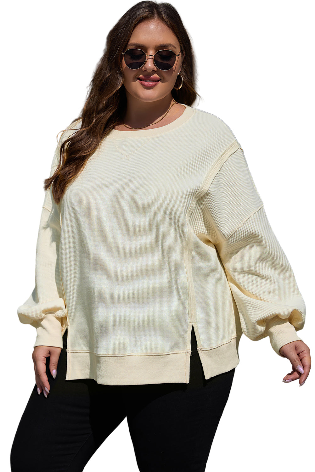 White Solid Color Waffle Knit Drop Shoulder Plus Size Sweatshirt