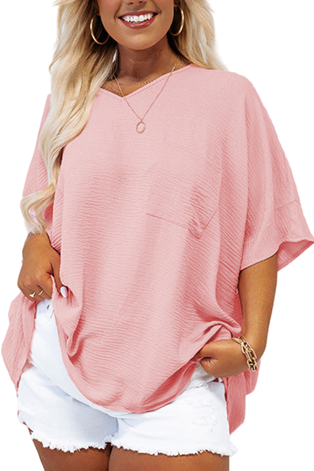 Pink Solid Color V Neck Textured Plus Size Blouse
