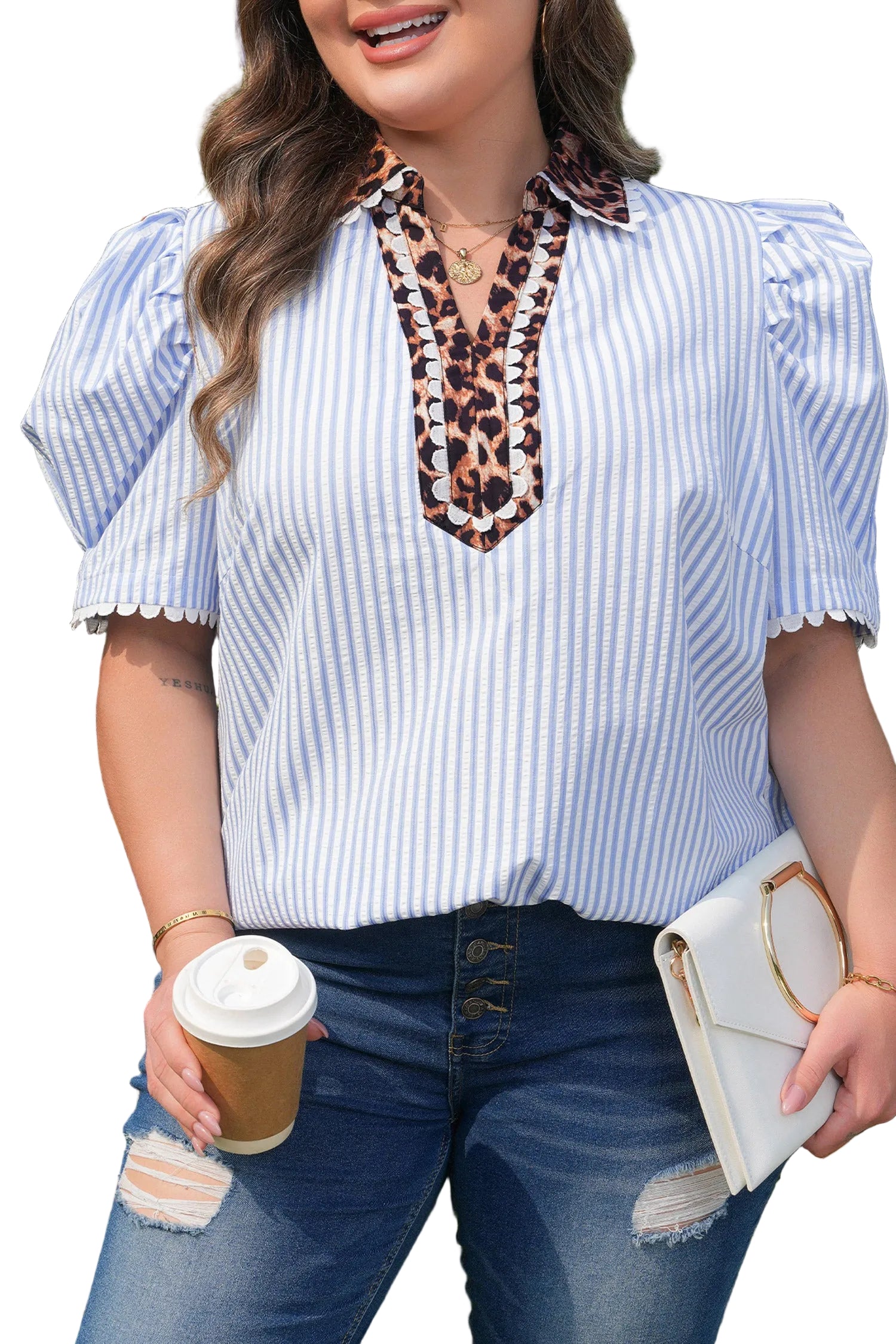 Sky Blue Stripe Plus Size Leopard Patchwork Collar Short Bubble Sleeve Blouse