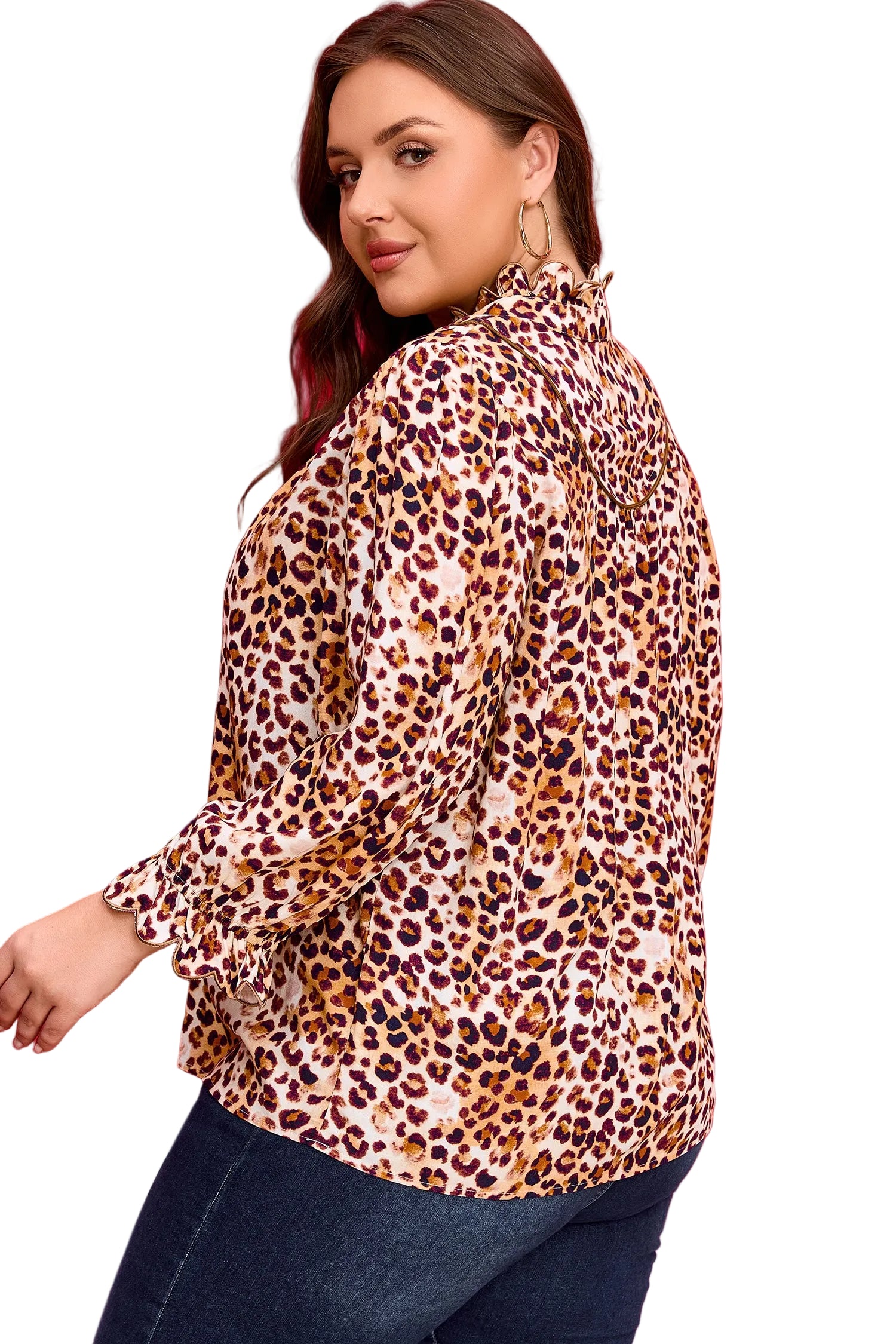 Brown Plus Size Leopard Frilled Stand Neck Blouse