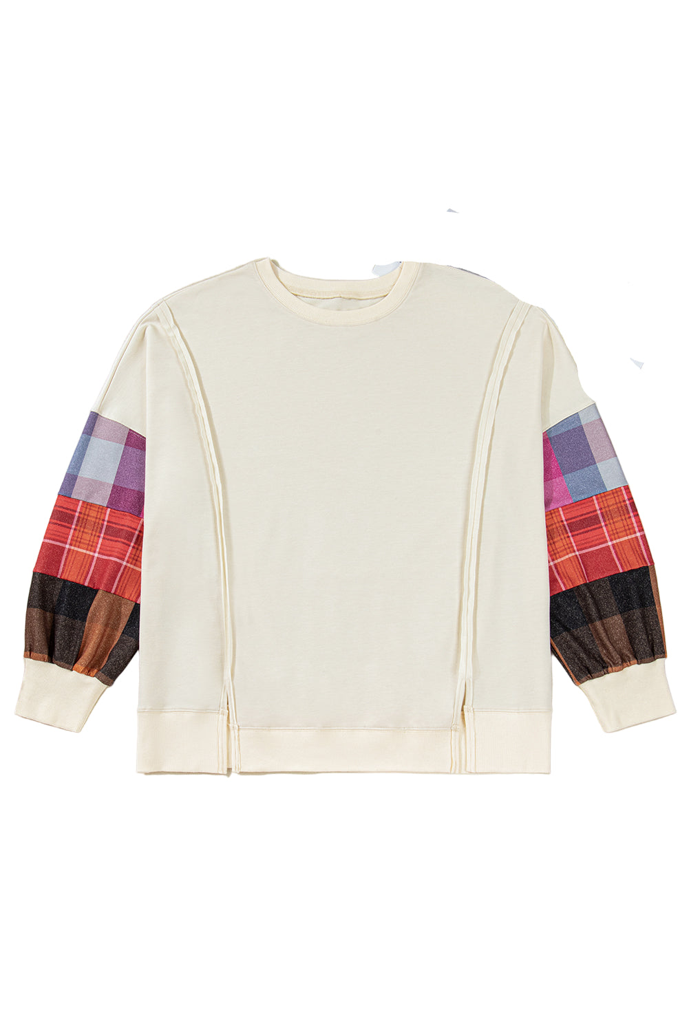 Beige Plus Size Plaid Patchwork Sleeve Pullover Top