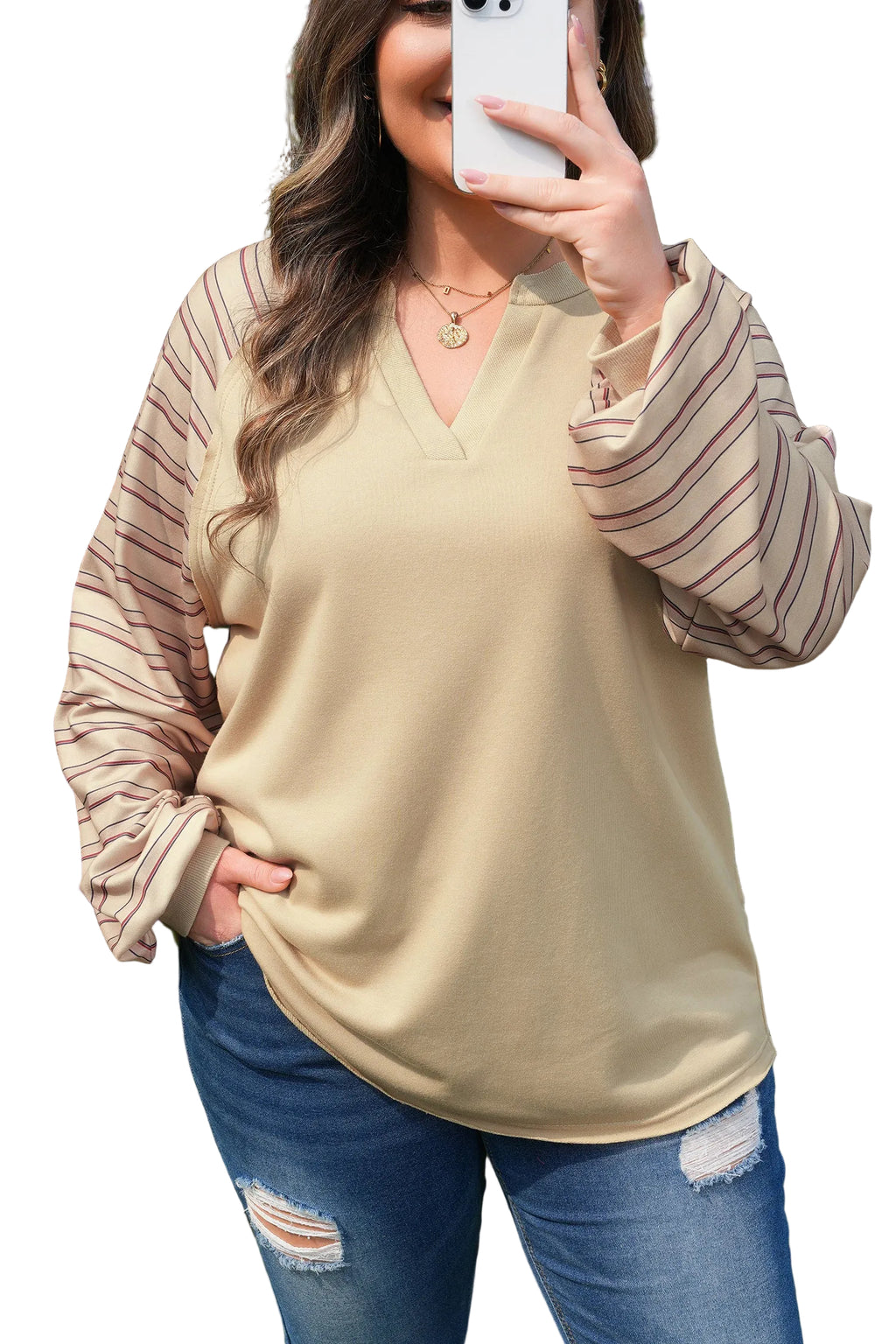 Parchment Striped Raglan Sleeve Notched Neck Raw Edge Plus Size Jumper