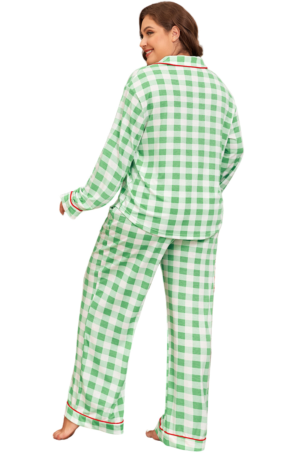Green Plaid Print Contrast Trim Long Sleeve Plus Size Pajama Set