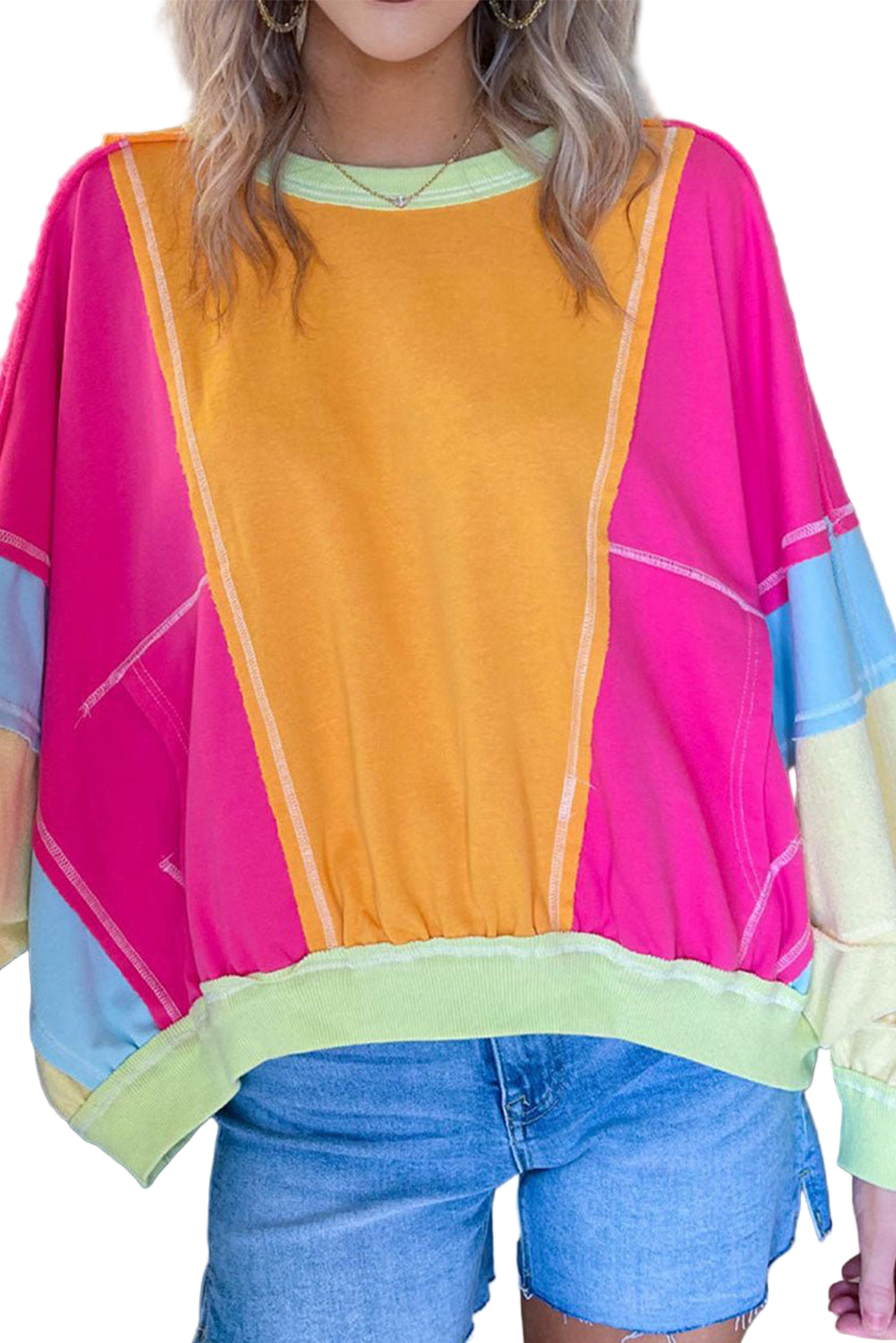 Rose Red Plus Size Colorblock Patchwork Exposed Seam Sweatshirt