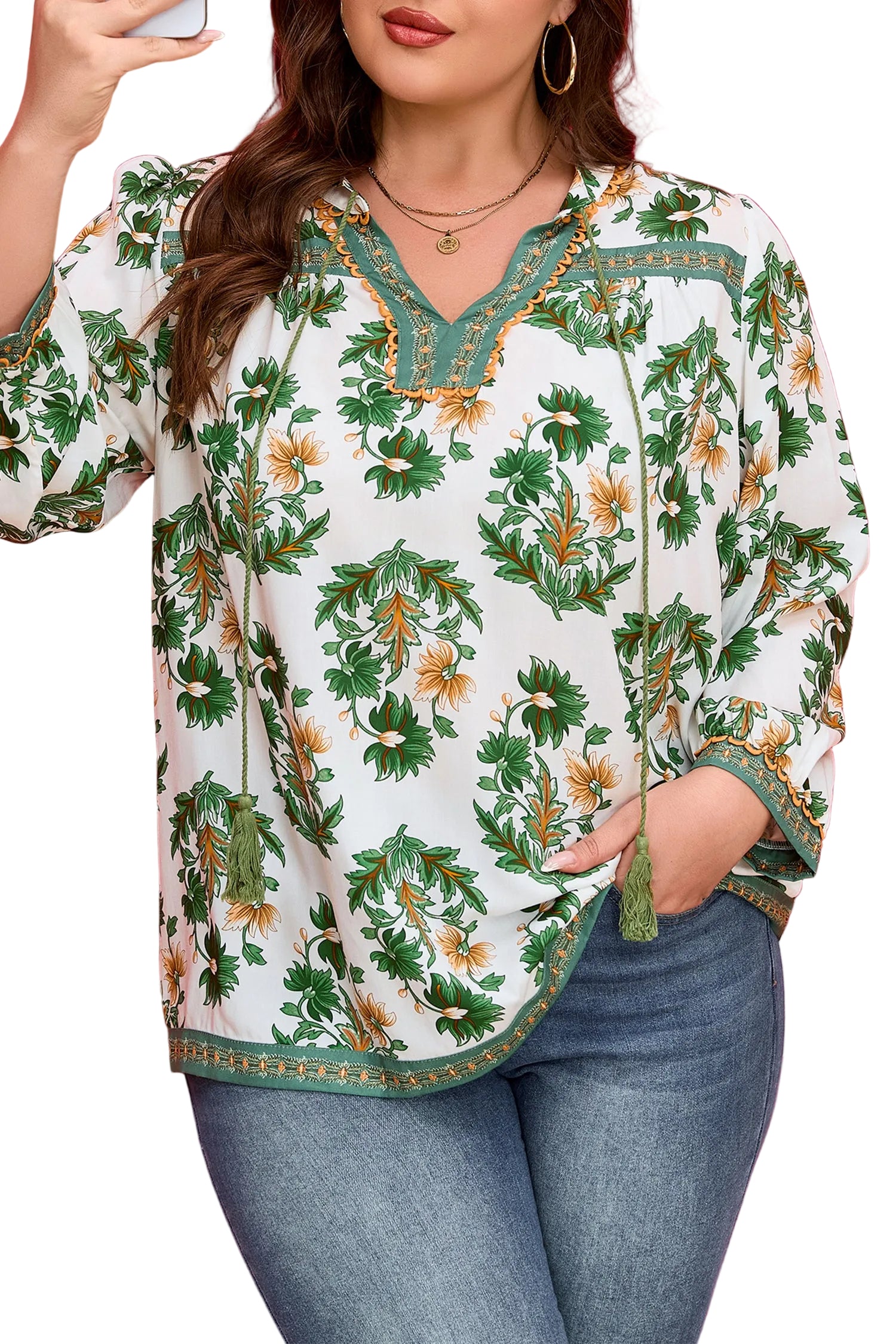 Green Plus Size Floral Printed Contrast Patchwork Detail Tassel Tie 3/4 Sleeve Blouse