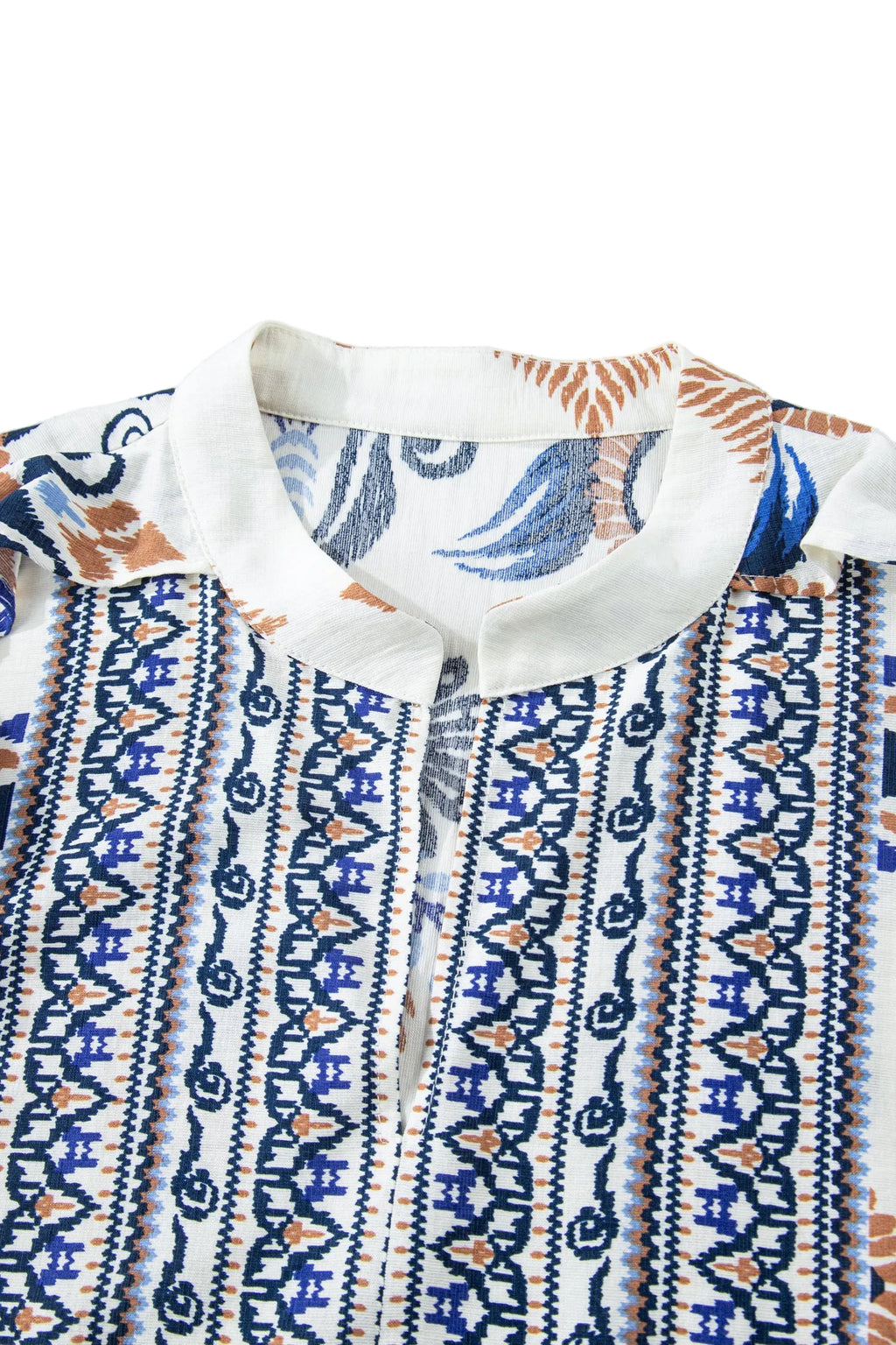 Sky Blue Plus Size Boho Print Split Neck Long Sleeve Mini Dress