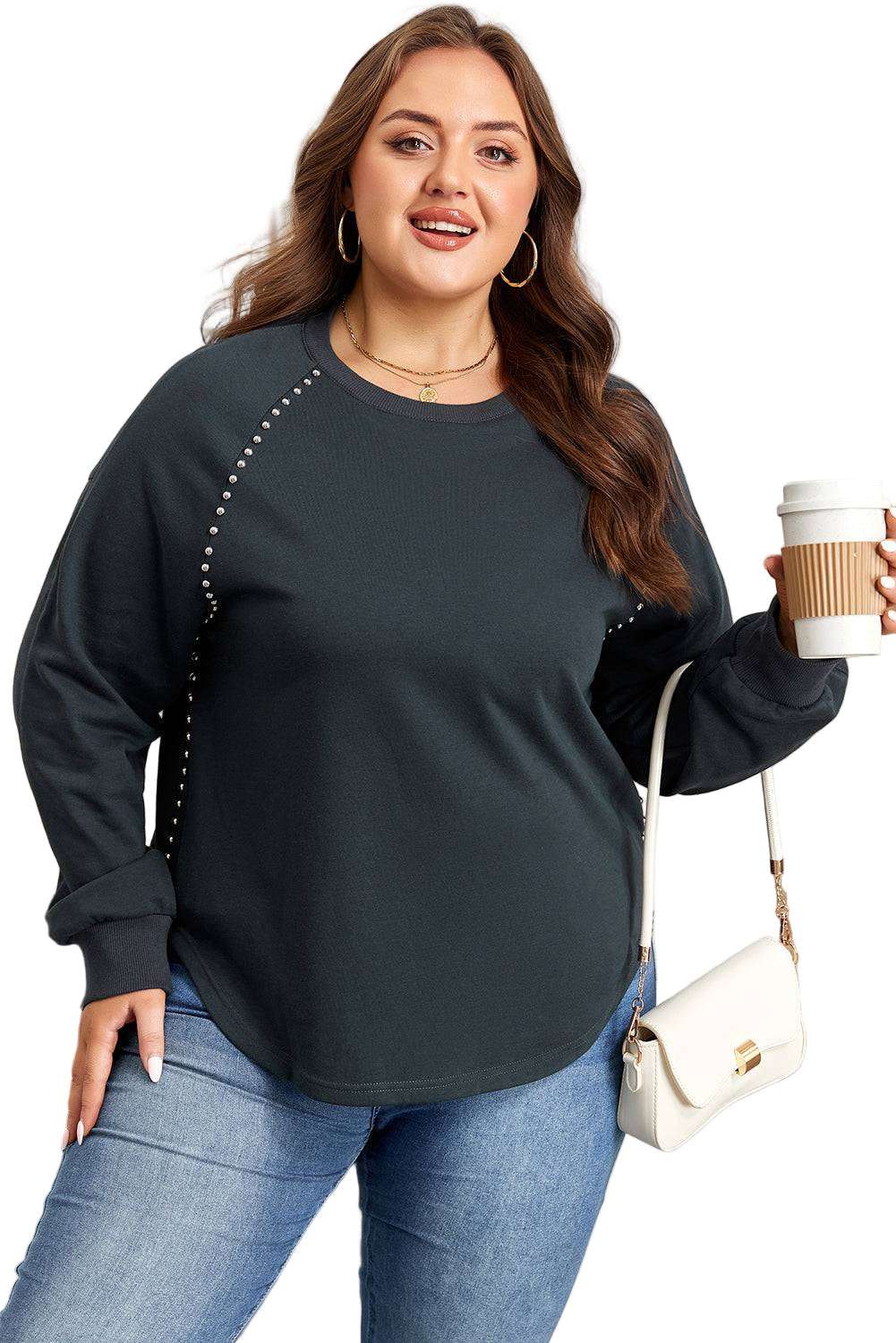 Black Studded Decor Ribbed Edge Mineral Wash Plus Size Jumper