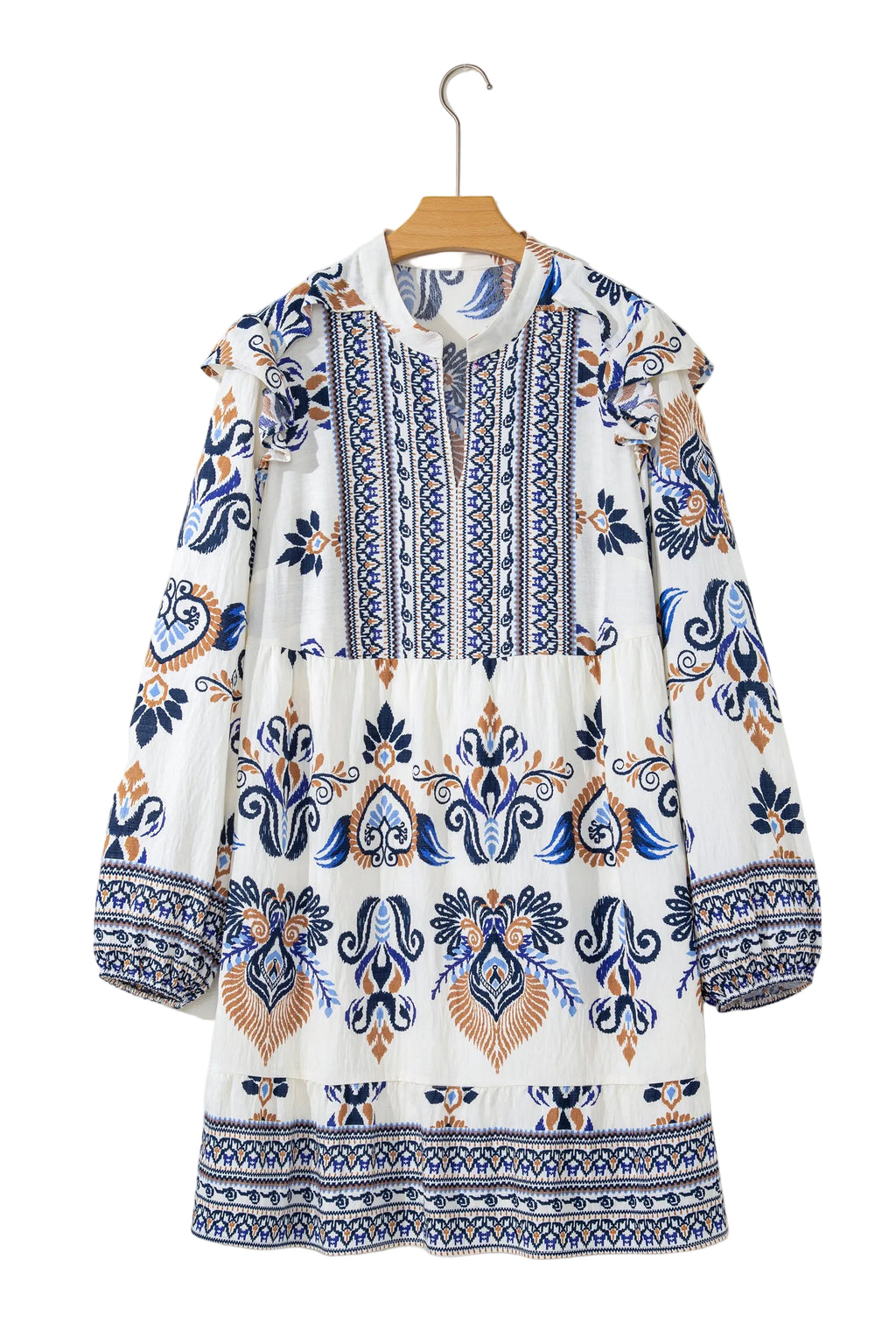 Sky Blue Plus Size Boho Print Split Neck Long Sleeve Mini Dress