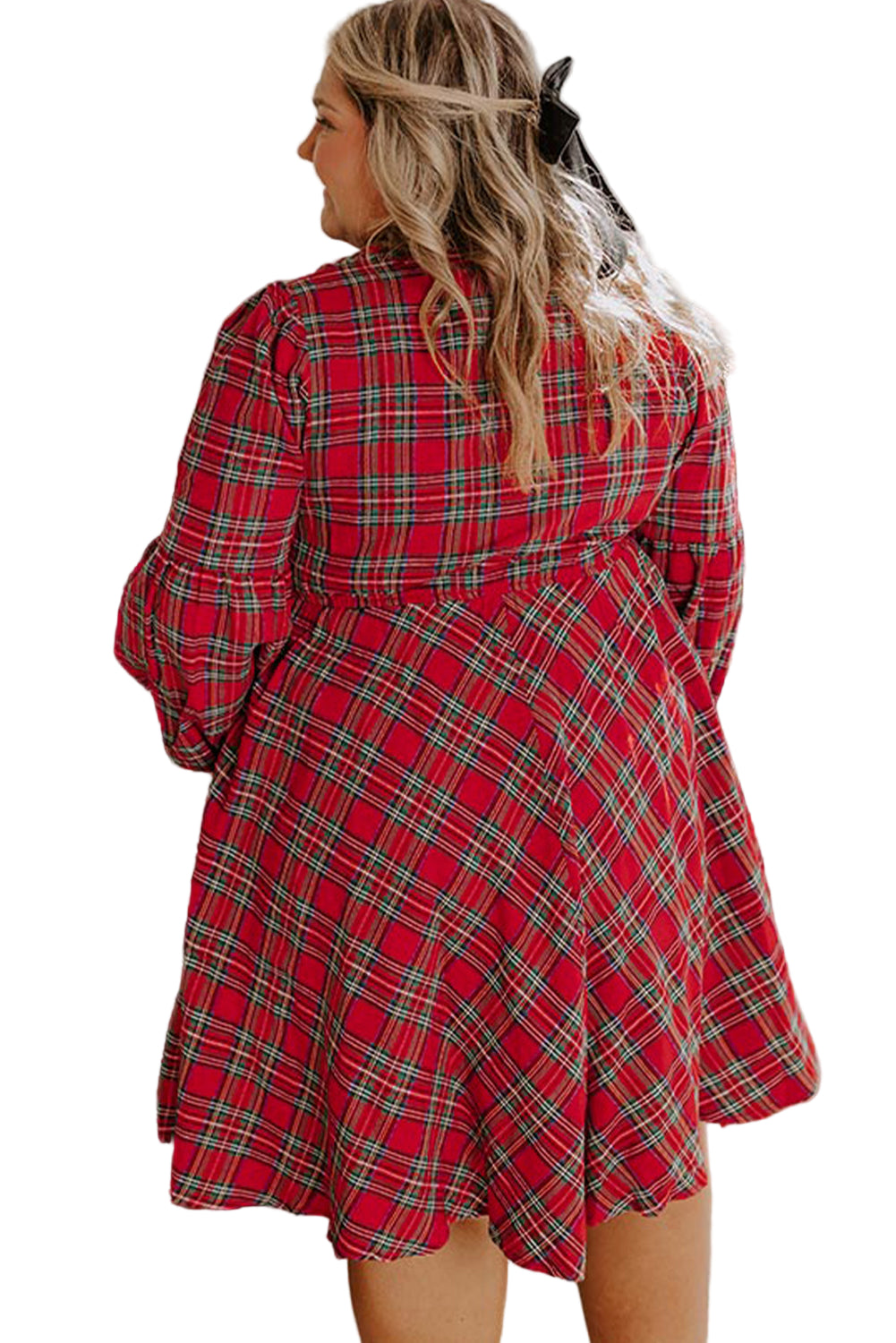 Red Plus Size Plaid Half Button Long Sleeve Holiday Dress