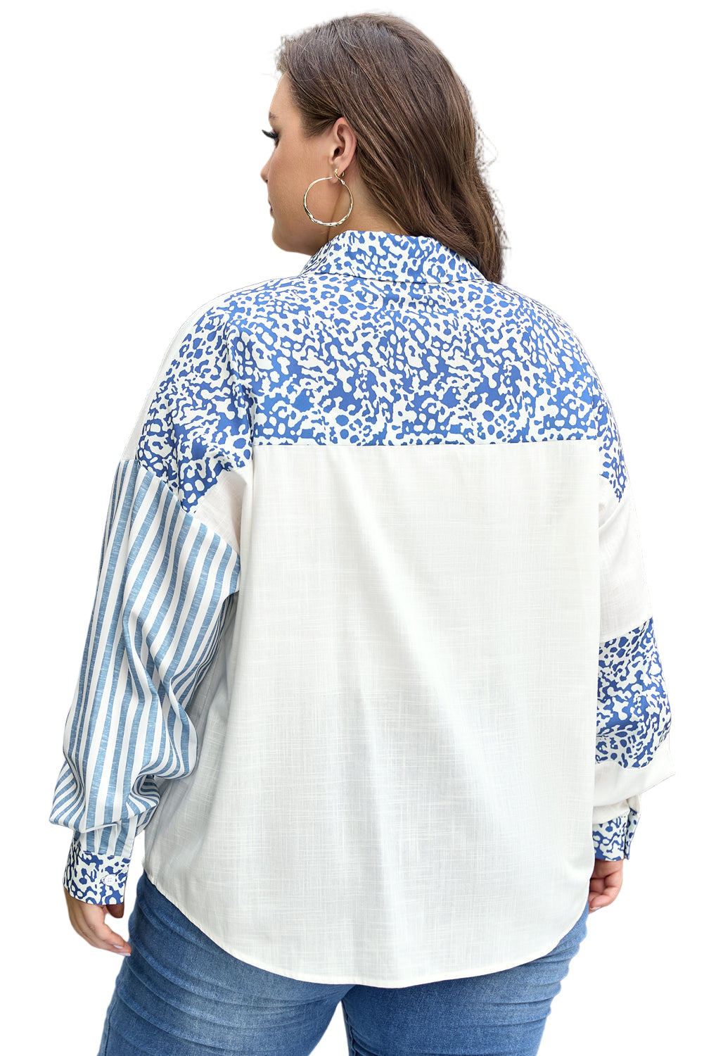 Sky Blue Leopard Striped Patchwork Casual Plus Shirt