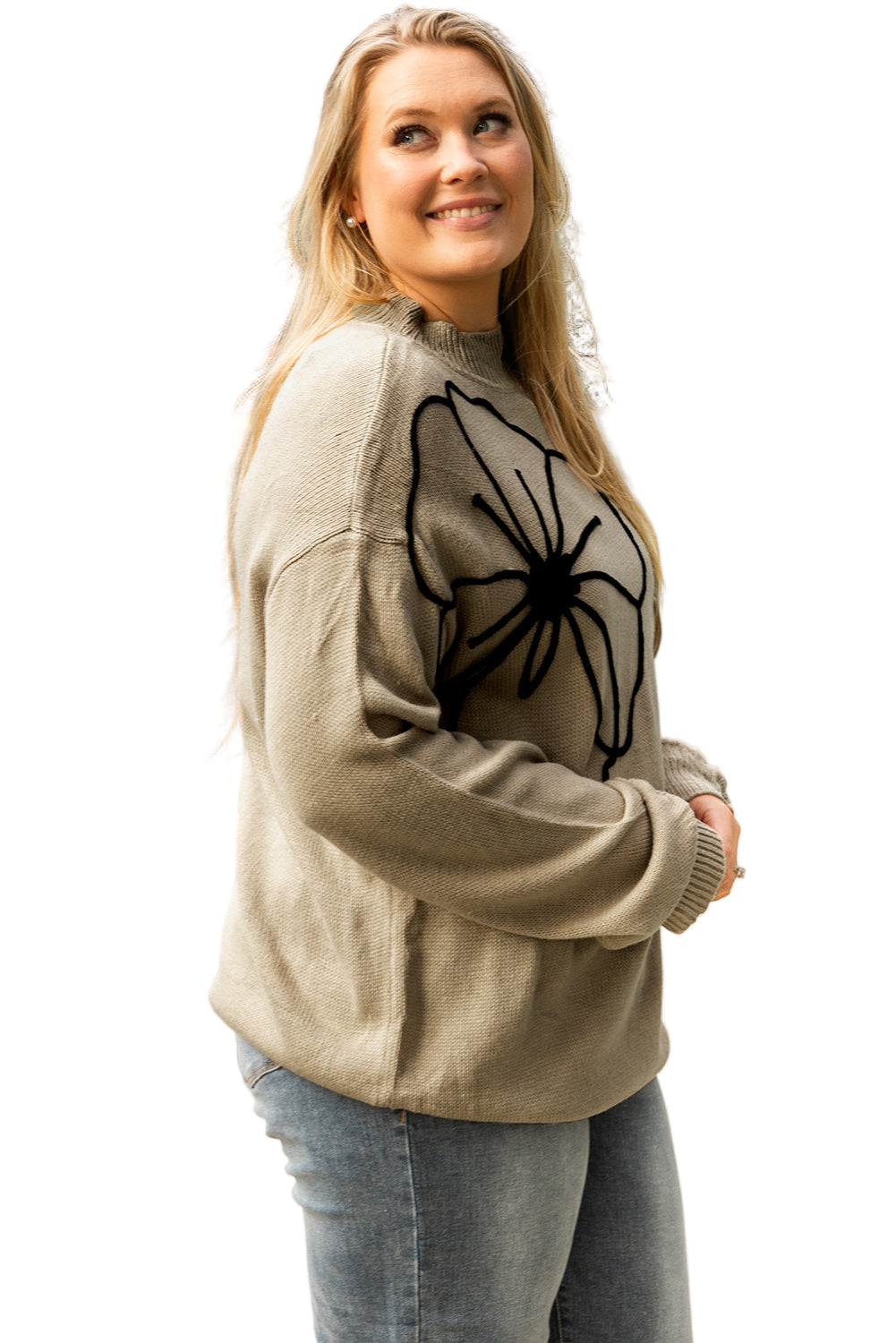 Dark Khaki Plus Size Big Flower Pattern High Neck Drop Shoulder Sweater