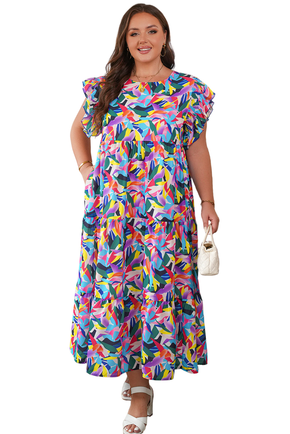 Blue Geometric Print Ruffled Short Sleeve Plus Size Tiered Maxi Dress