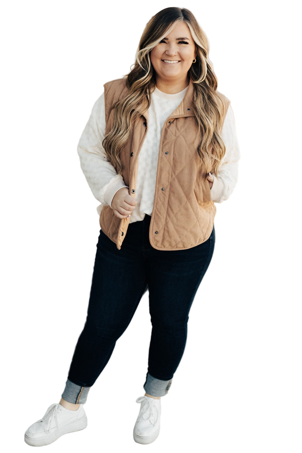 Camel Plus Size Quilted Cord Snap Button Vest Jacket