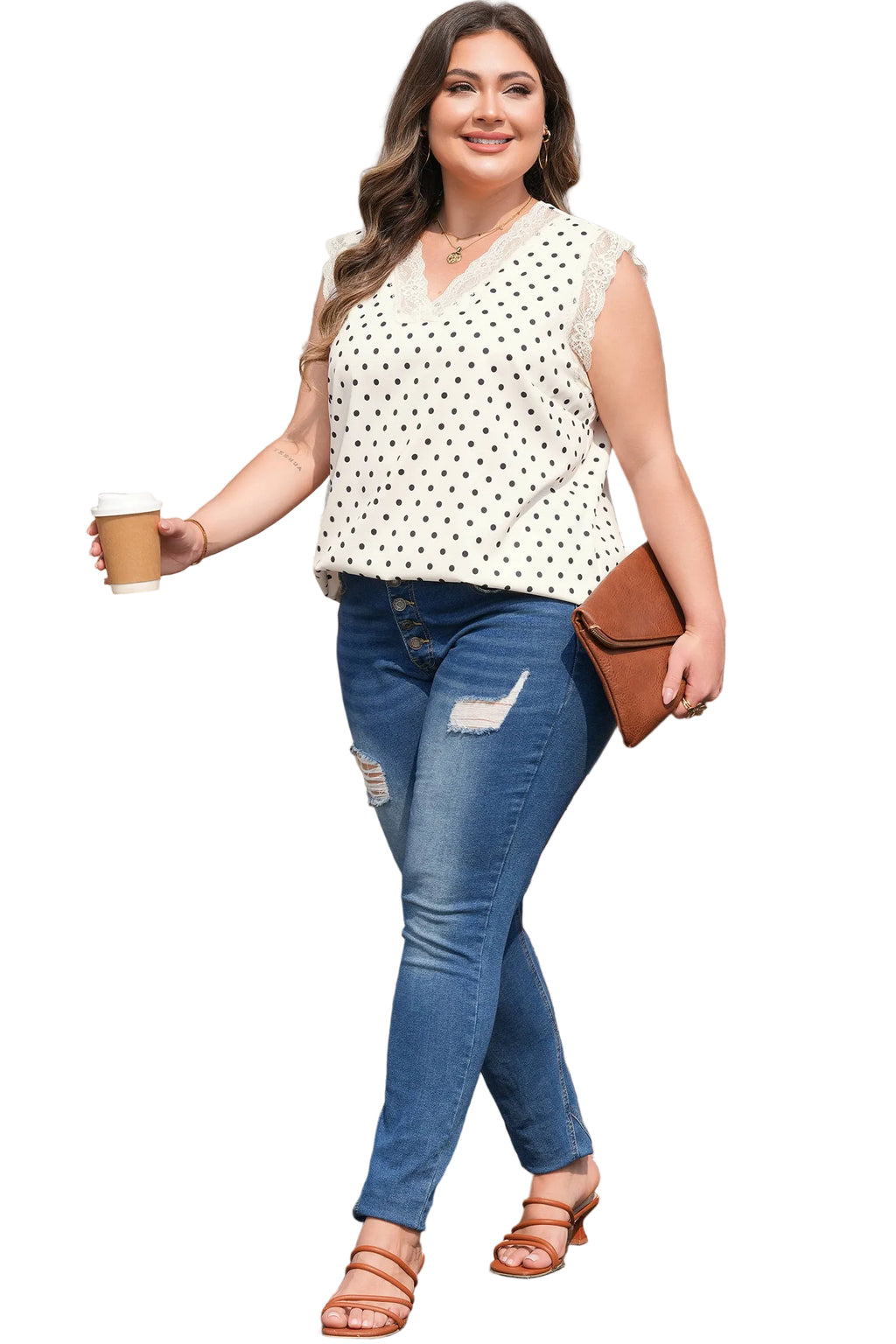 Apricot Plus Size Polka Dot Print Lace Trim V Neck Sleeveless Top