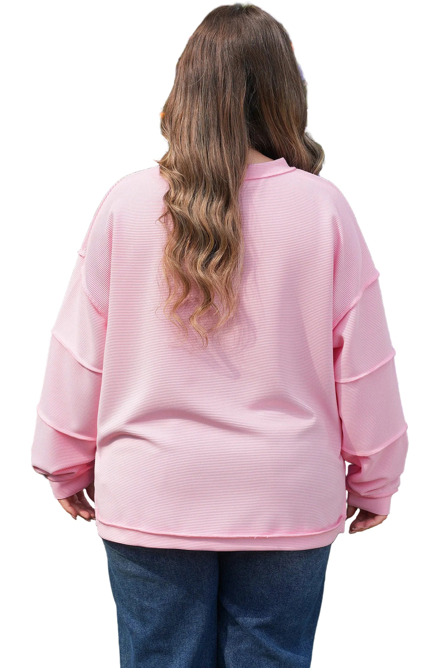 Pink Drop Shoulder Long Sleeve Plus Size Ribbed Top